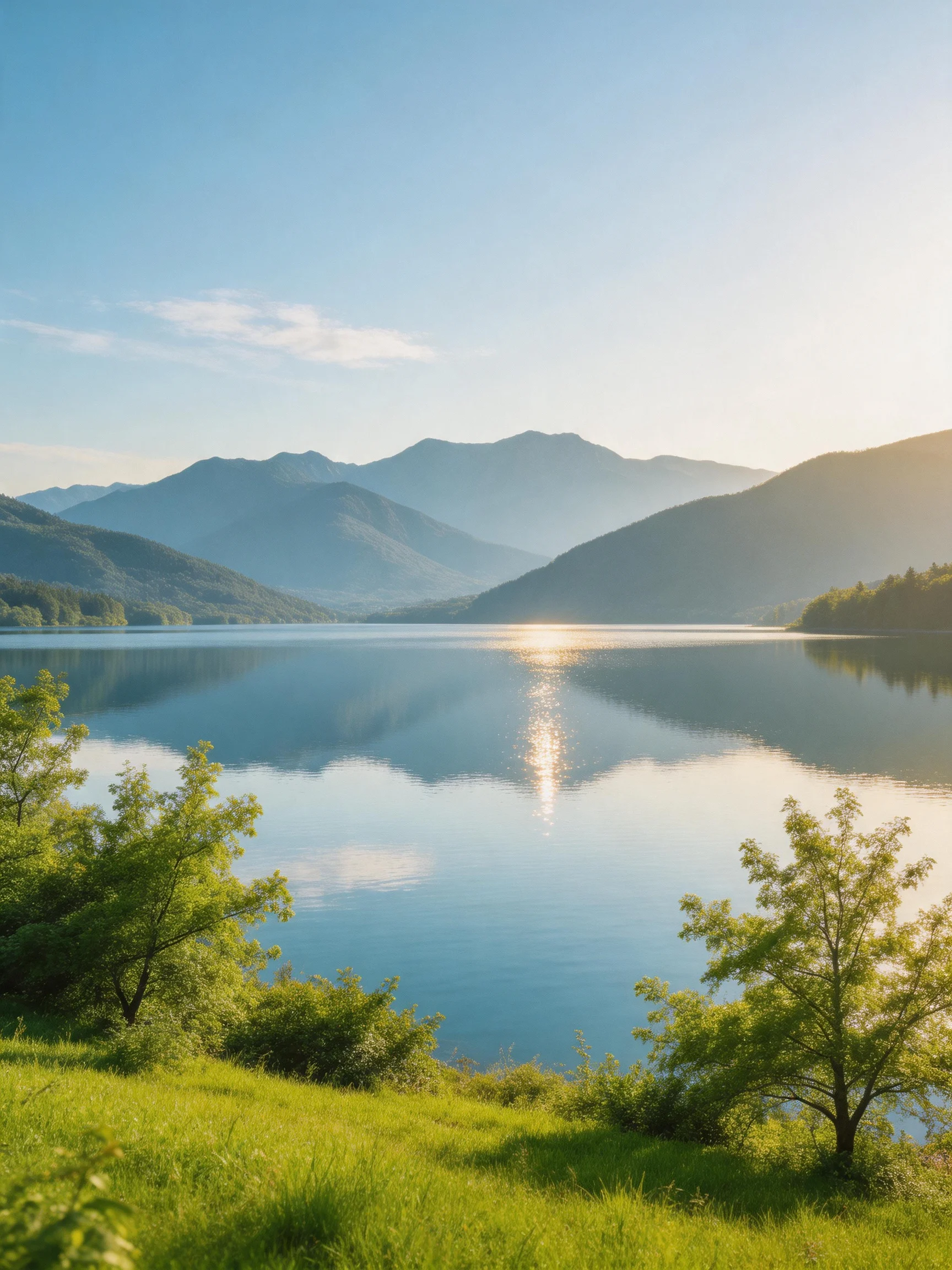 A serene lake reflects misty mountains and lush greenery under bright sunlight