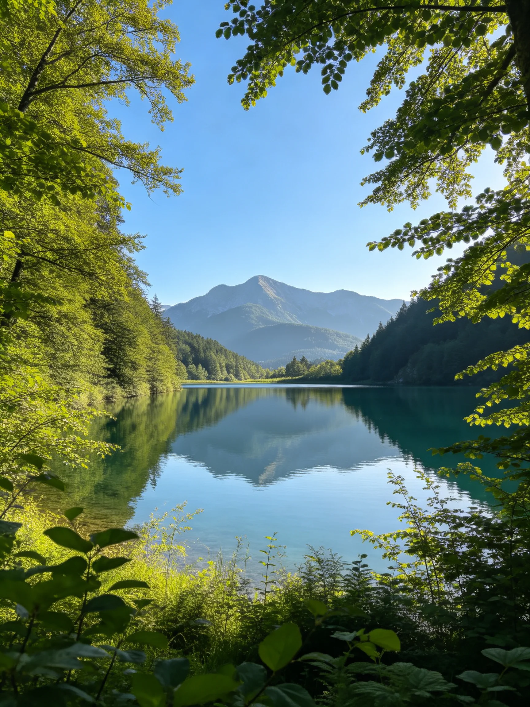 A serene lake reflects mountains amid lush green forests