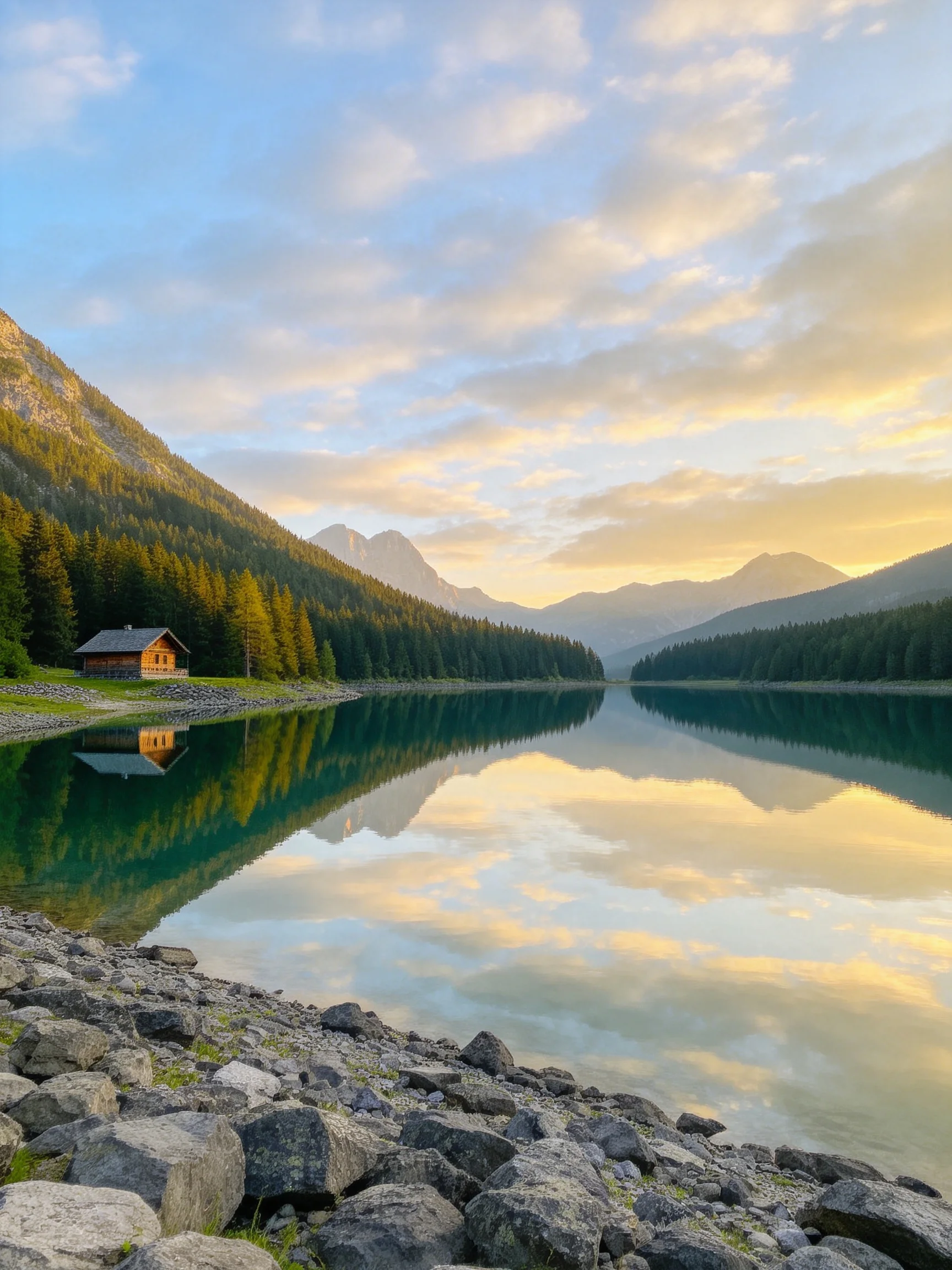 A serene lake reflects mountains, forest, and a wooden cabin