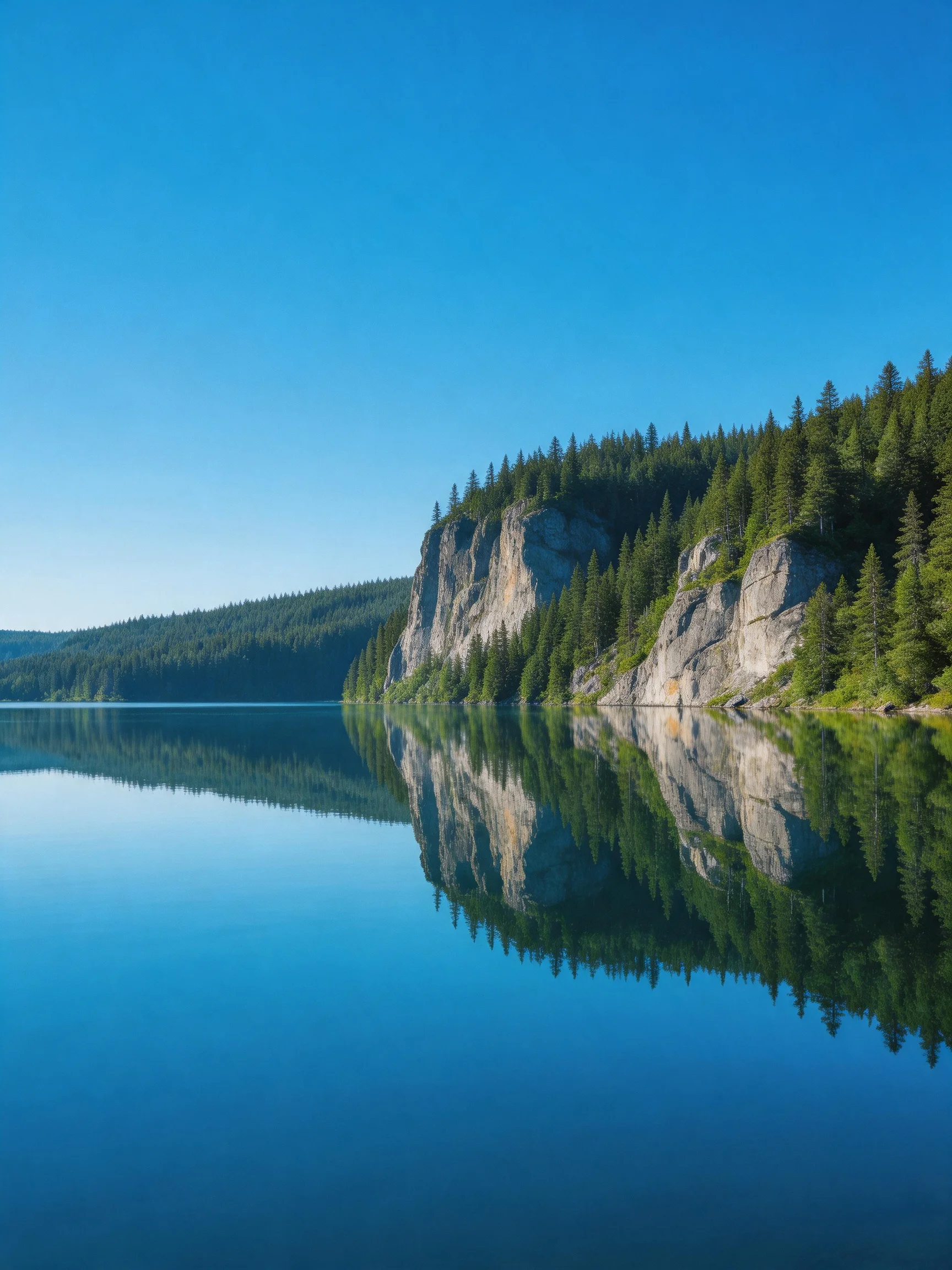 A serene lake reflects rocky cliffs and dense evergreen forests