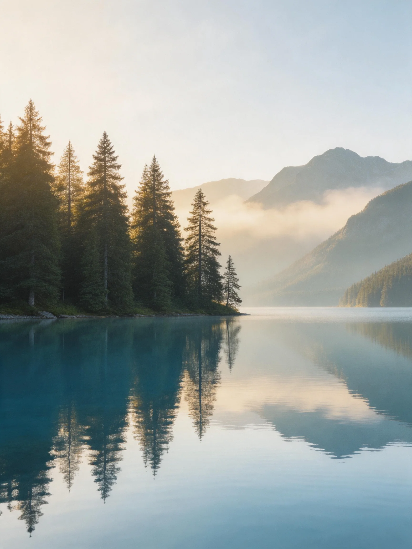 A serene lake reflects tall evergreen trees and misty mountain peaks