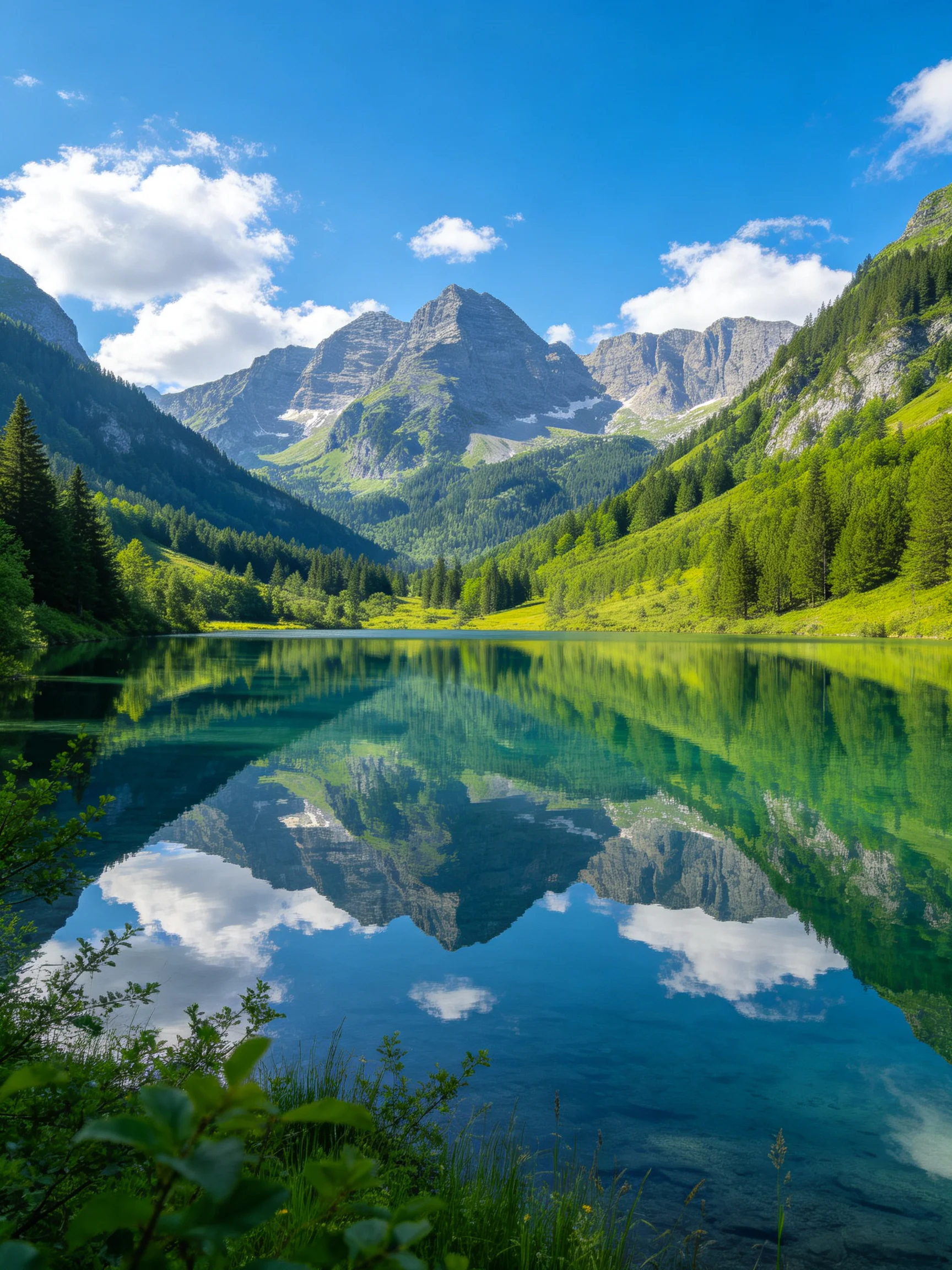 A serene lake reflects towering mountains and lush forests