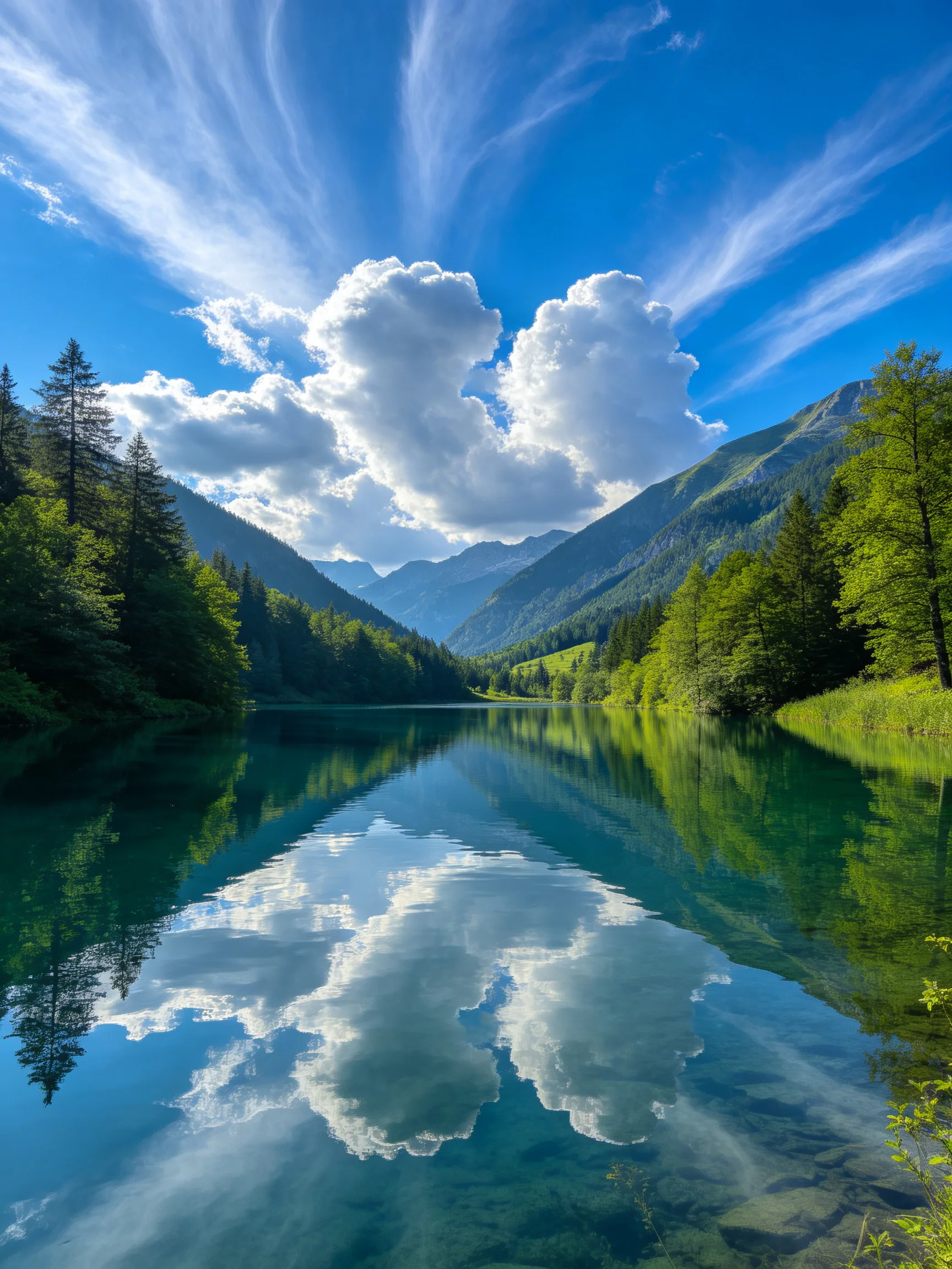 A serene lake reflects vibrant blue skies and lush green forests