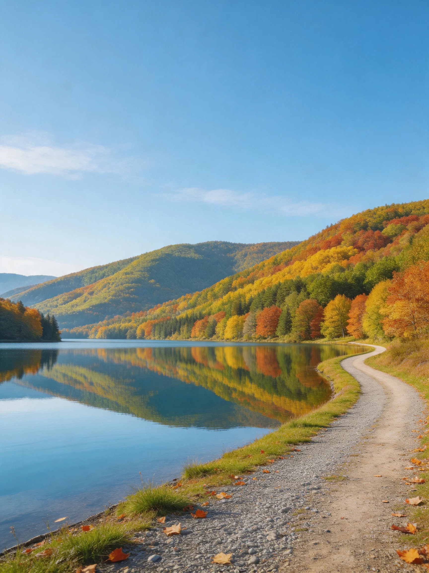 A serene lake reflects vibrant fall foliage along a winding path