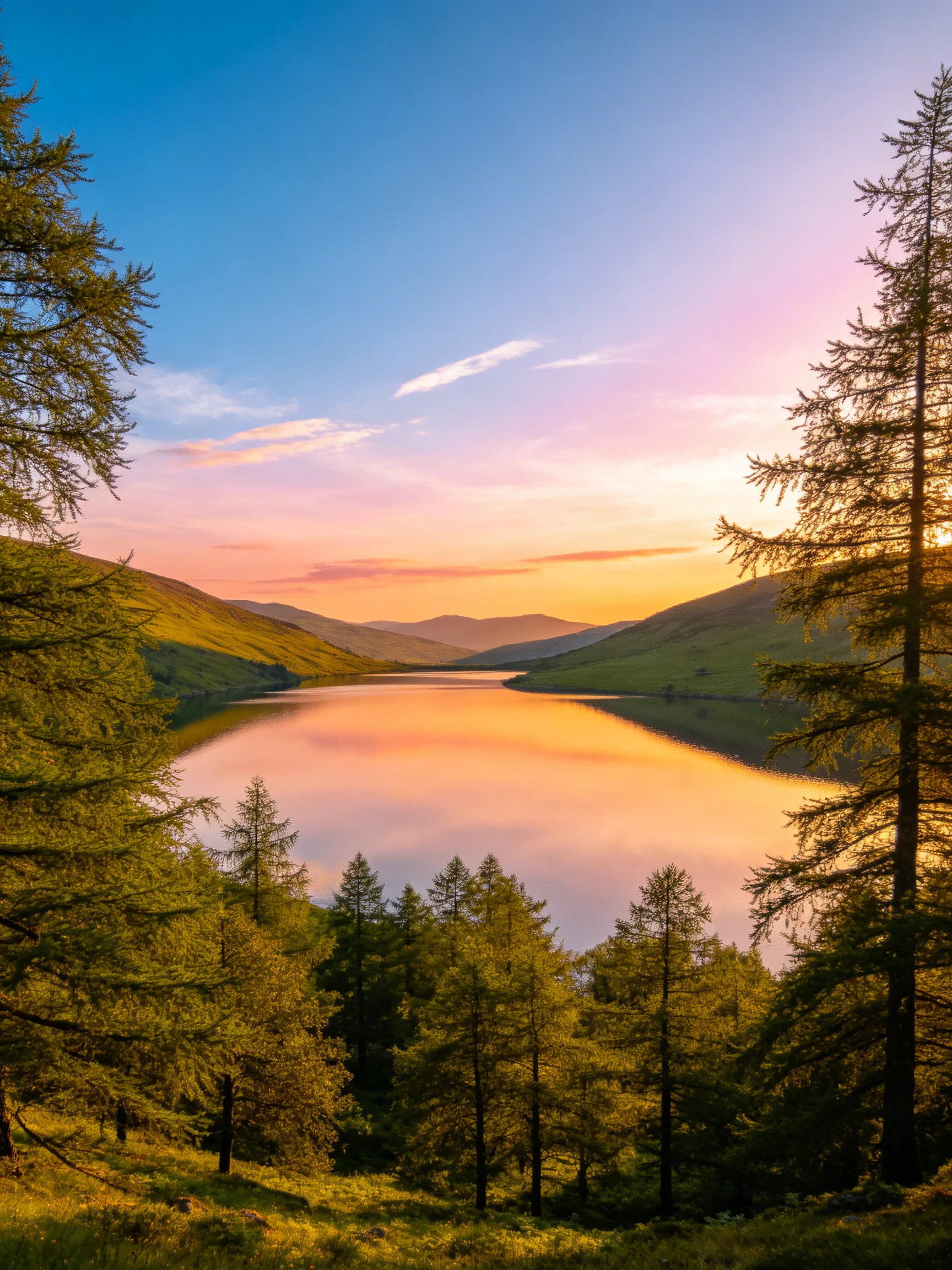 A serene lake reflects vibrant sunset hues amid forested hills