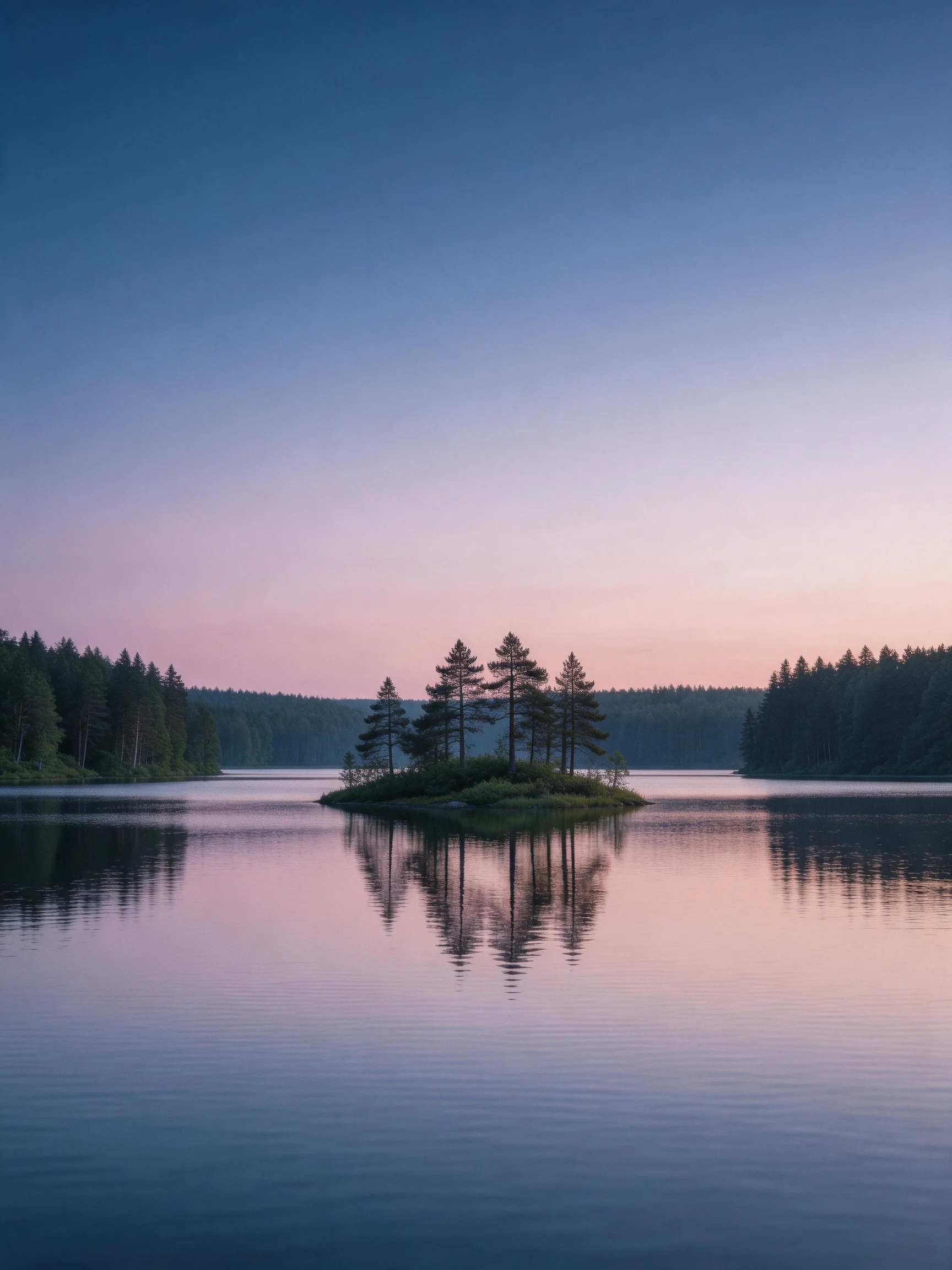 A serene lake with a tree-filled island reflecting in calm waters