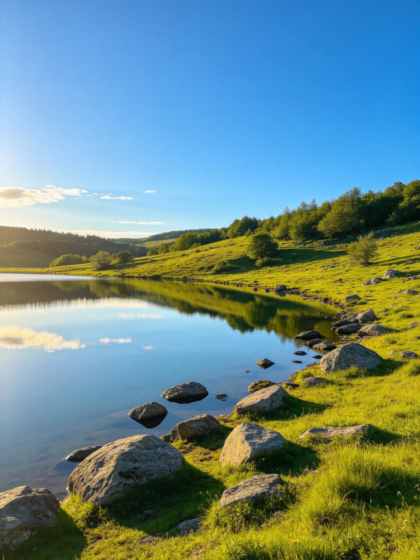 A serene lake with rocky shores, lush green hills, and clear blue skies