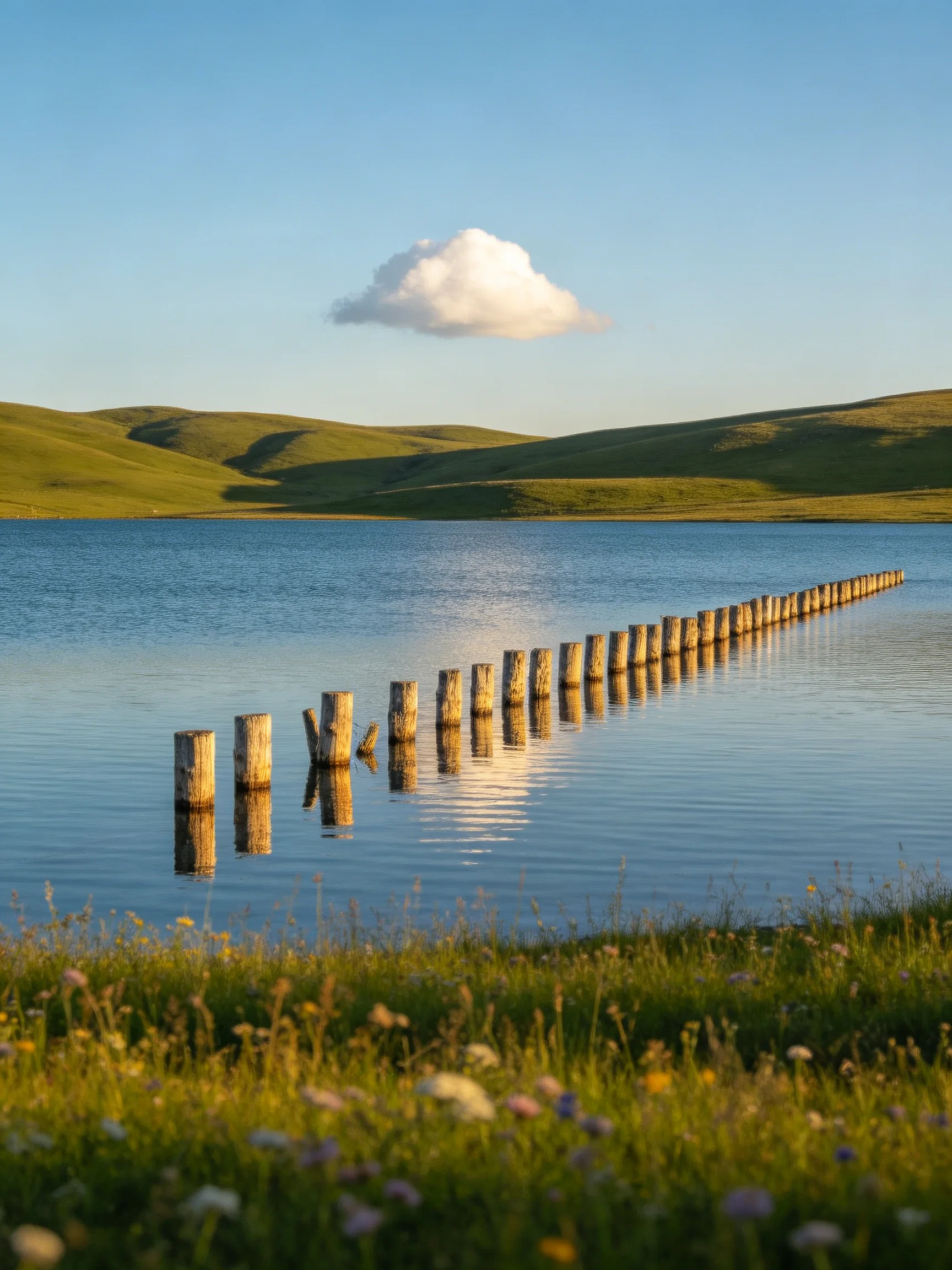 A serene lake with weathered wooden posts and rolling green hills