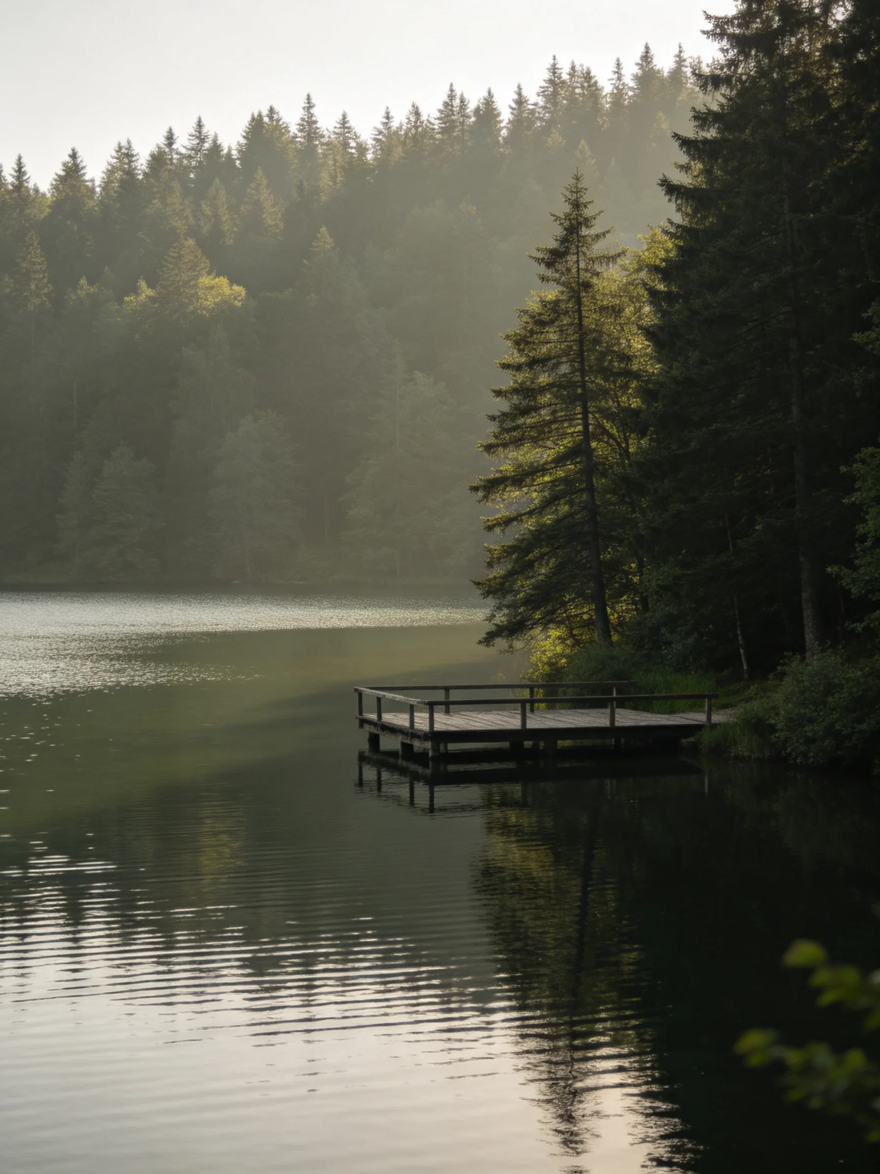 A serene lake with wooden dock, surrounded by dense evergreen forests