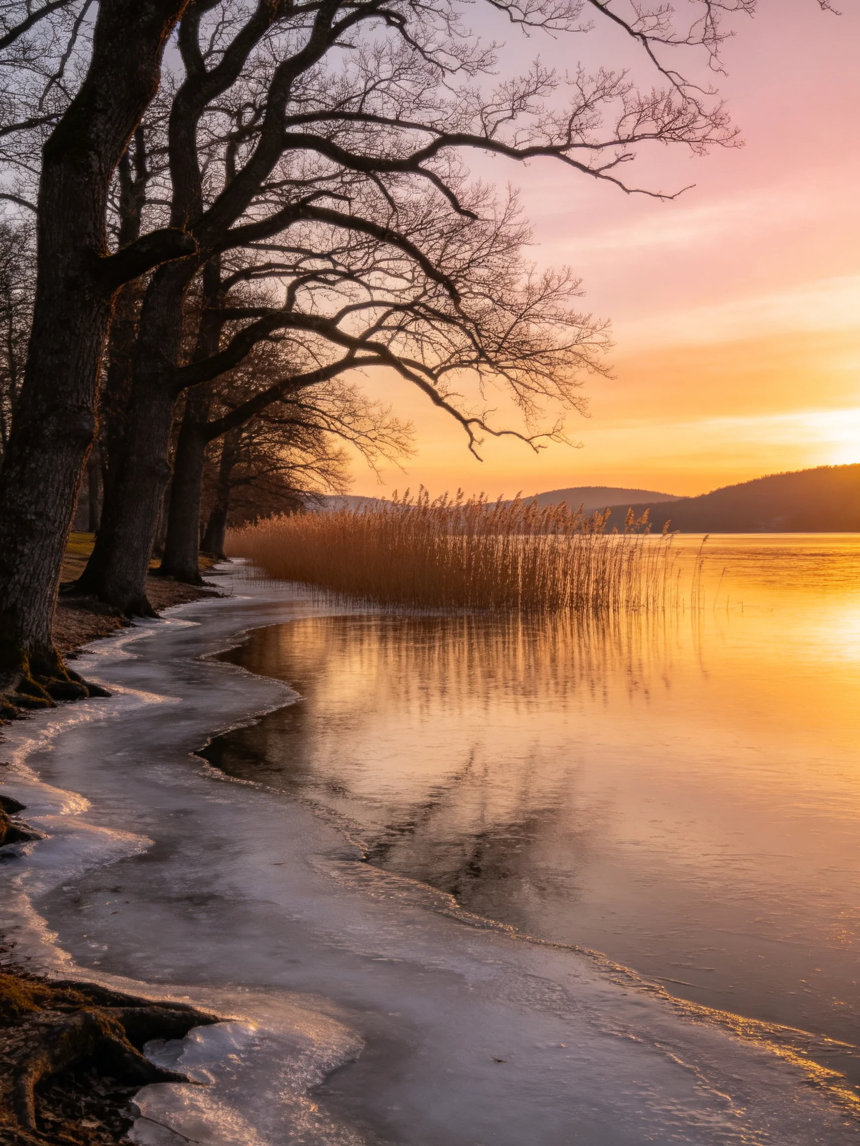 A serene lakeshore with bare trees, golden sunset, and icy shoreline