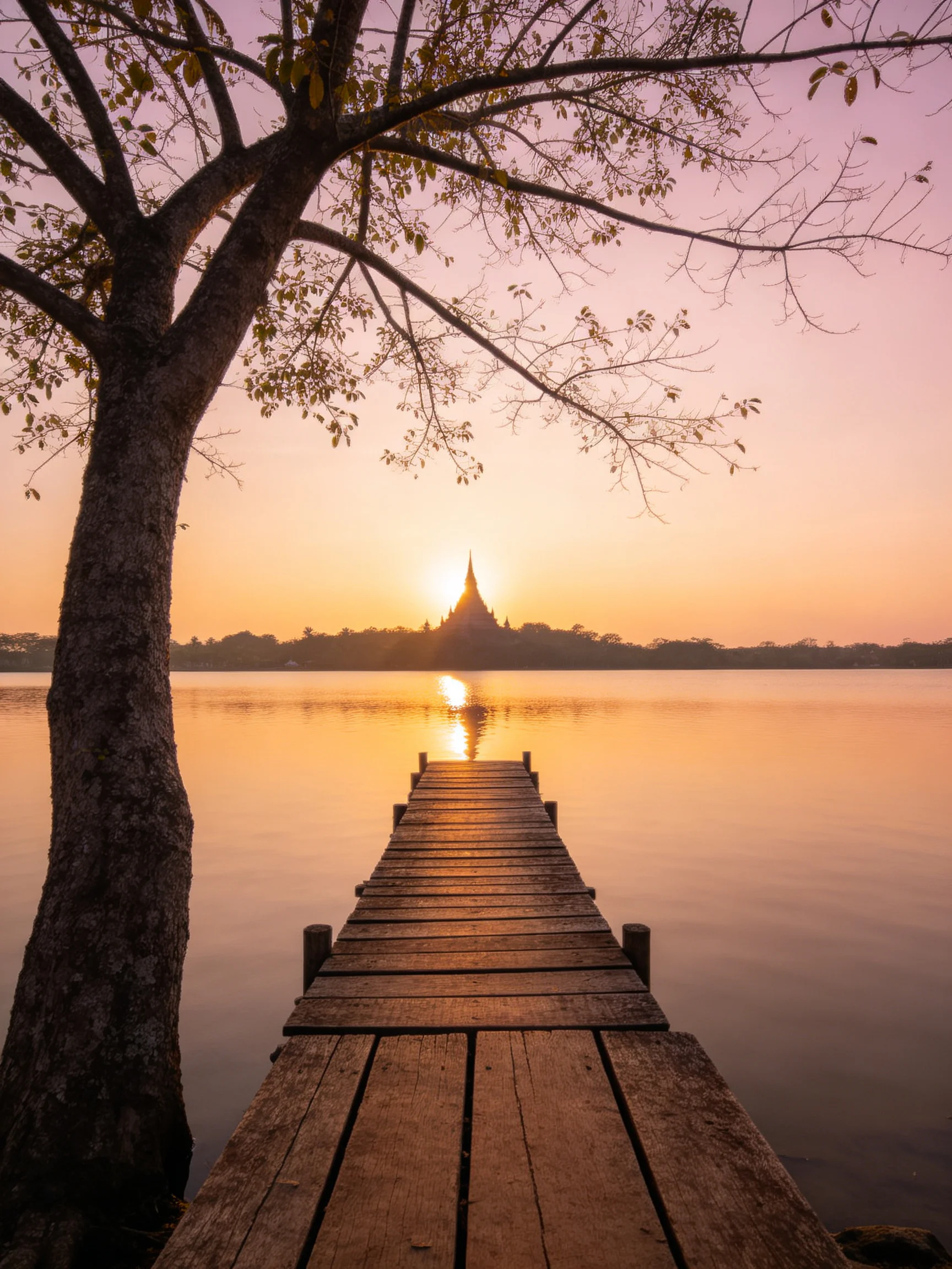 A serene lakeside dock leading to a golden sunset temple