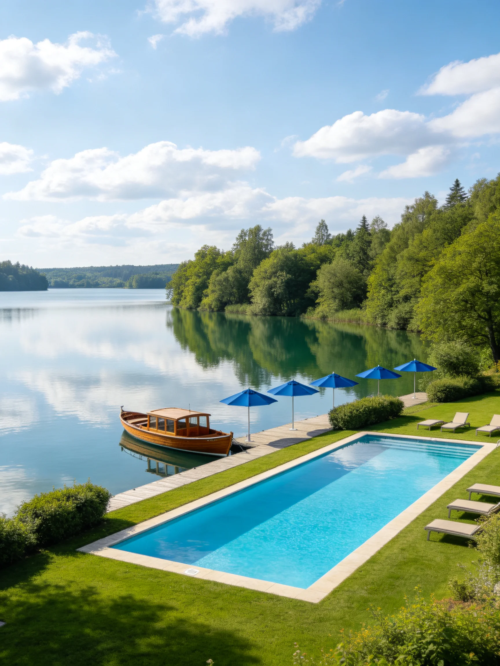 A serene lakeside retreat with a swimming pool and docked boat