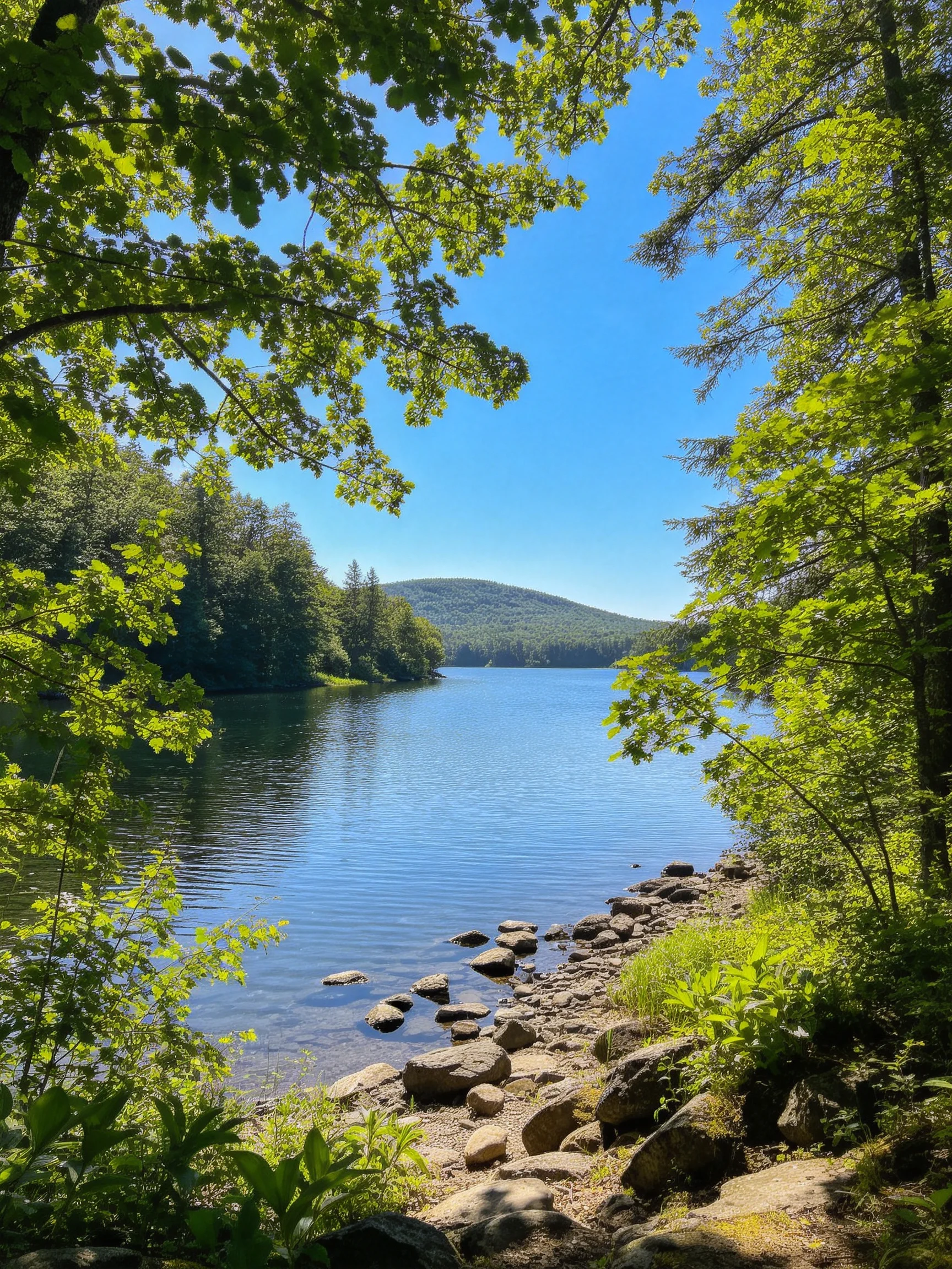 A serene lakeside with rocky shore and lush green trees