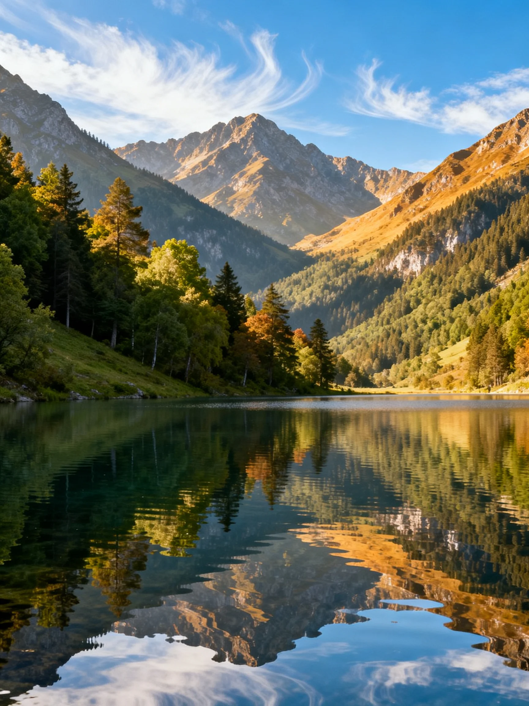 A serene mountain lake reflecting golden peaks and lush forests
