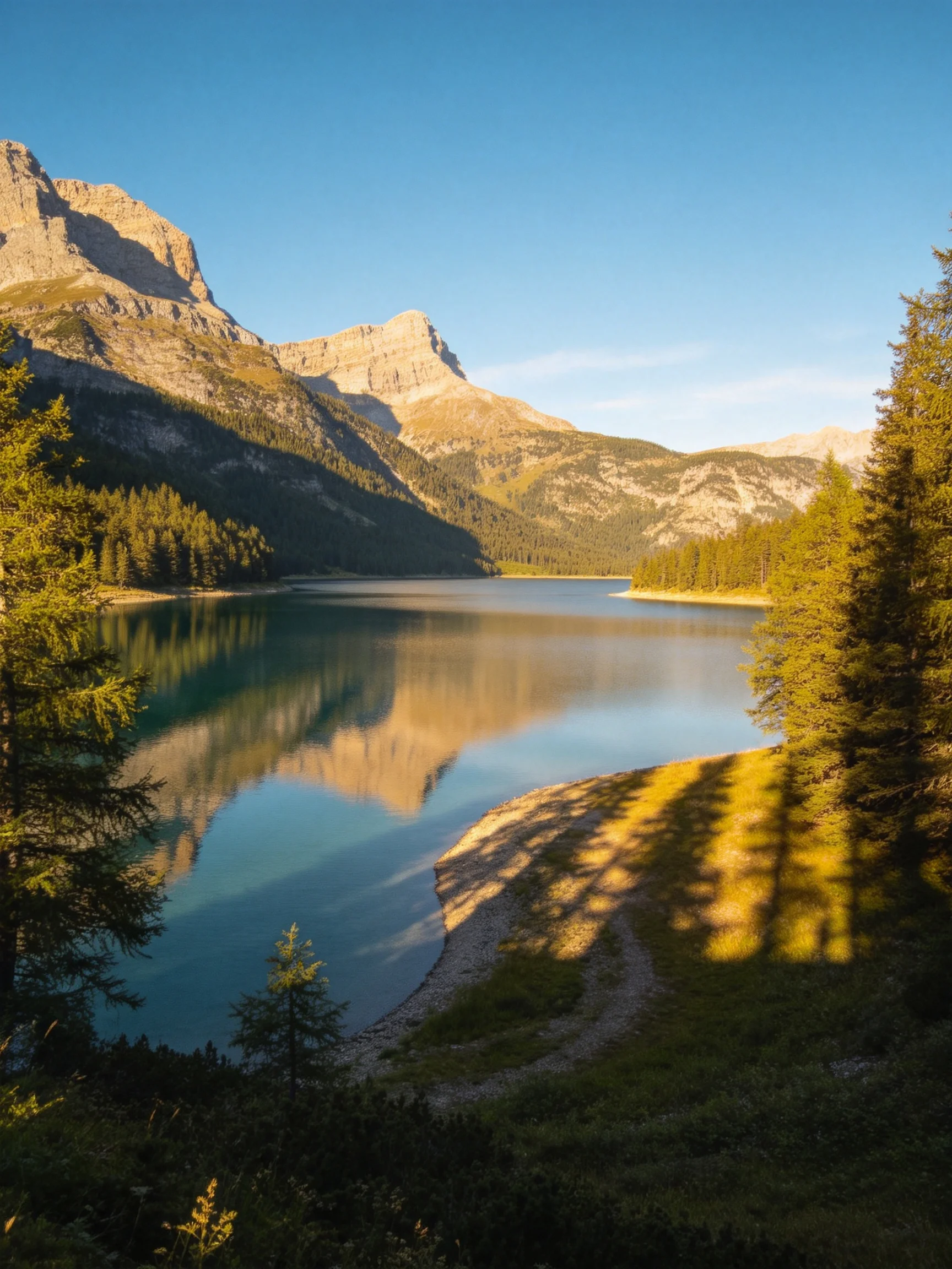 A serene mountain lake reflecting rocky peaks and lush forests