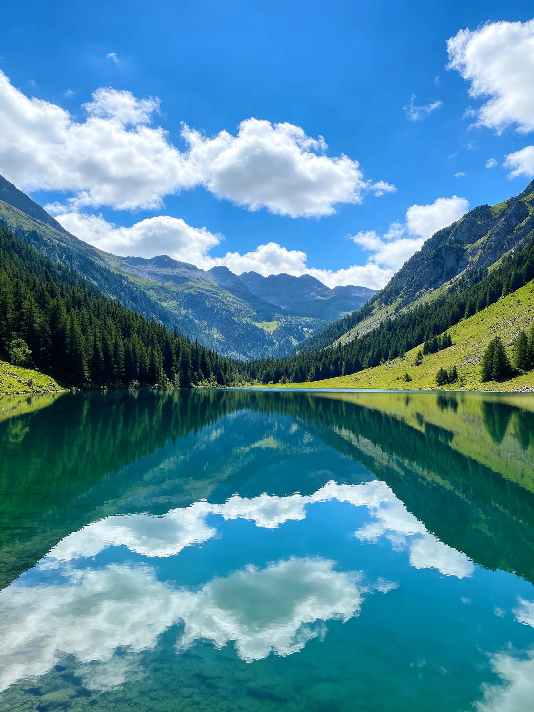 A serene mountain lake reflects blue skies and lush greenforests