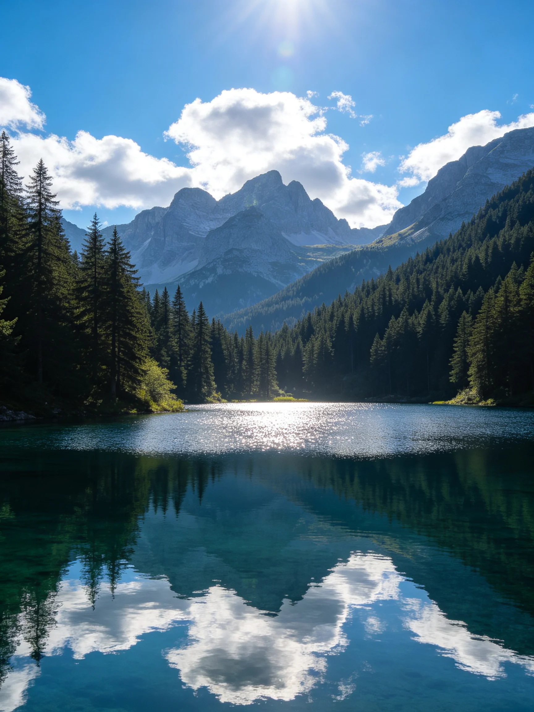 A serene mountain lake reflects clear blue skies and forested slopes
