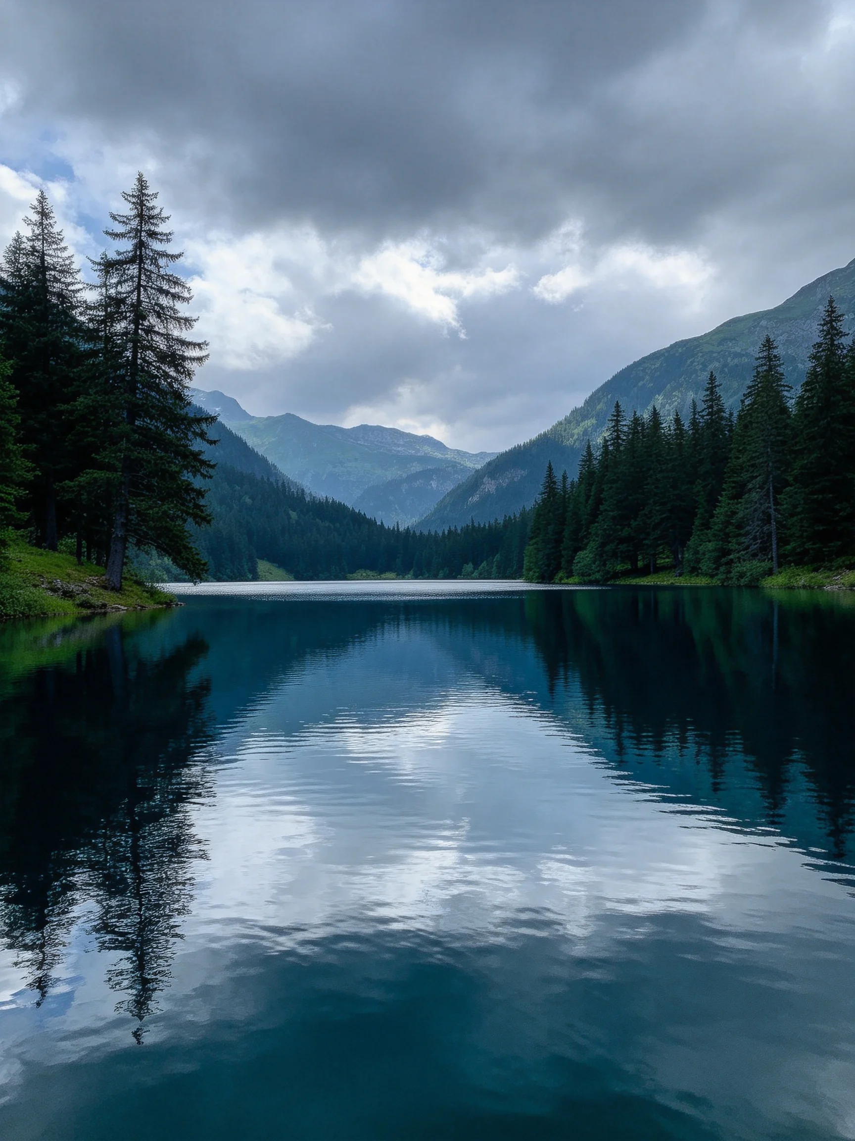 A serene mountain lake reflects dense evergreen forests and cloudy skies