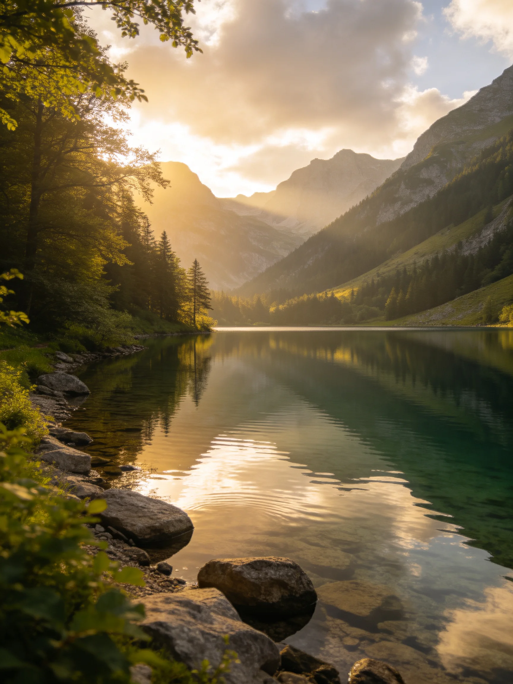 A serene mountain lake reflects golden sunset light among lush greenery.