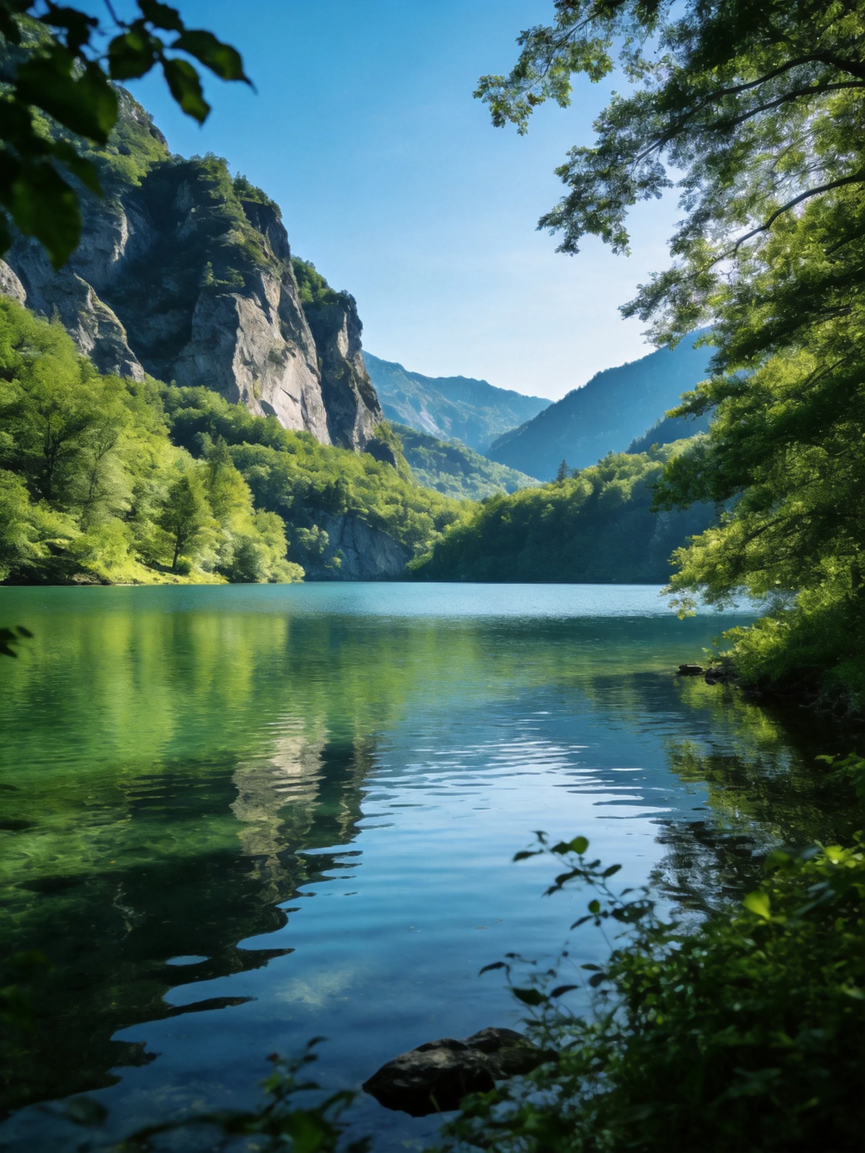 A serene mountain lake surrounded by lush green forests