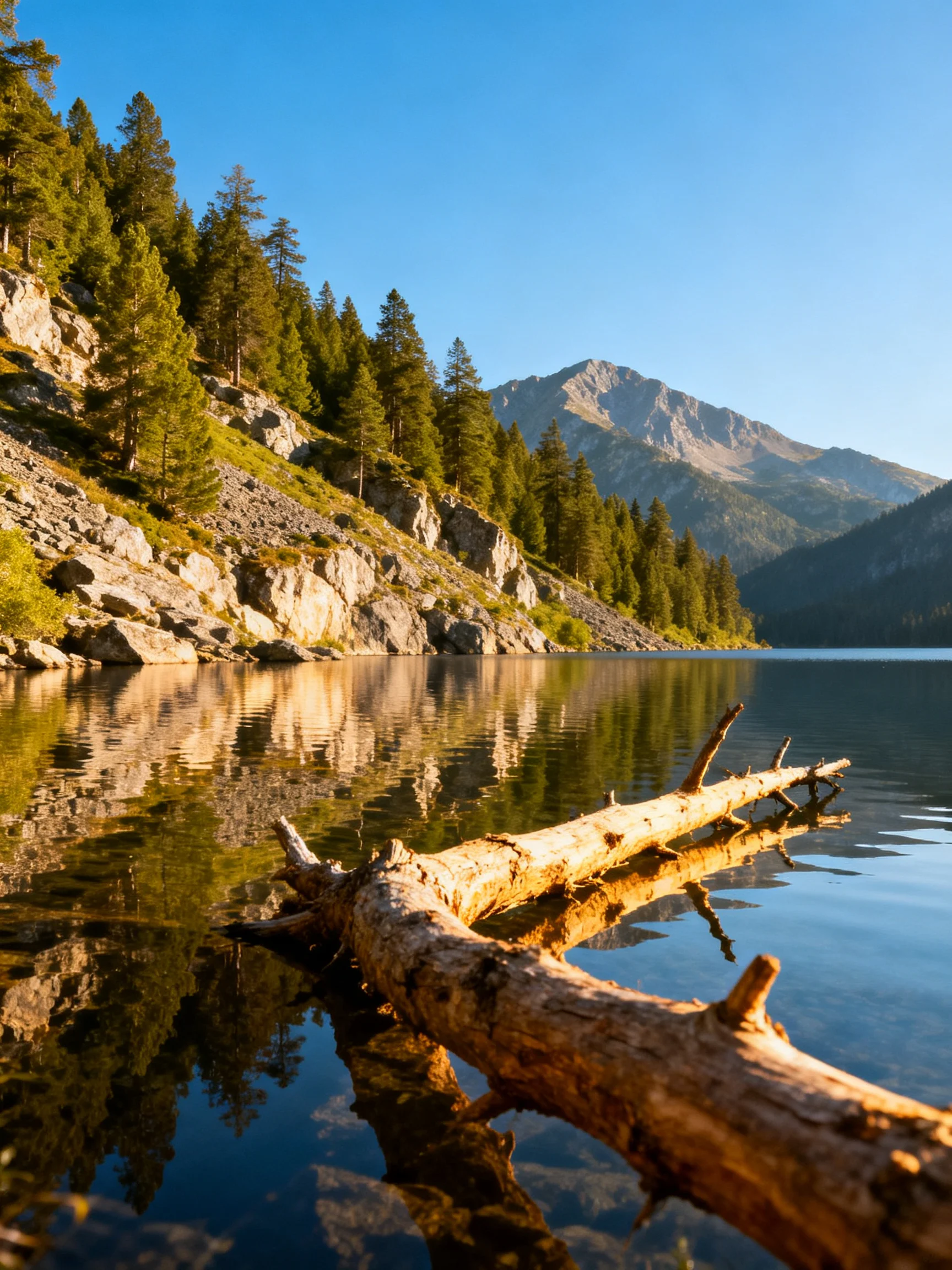 A serene mountain lake with pine forests and a fallen log