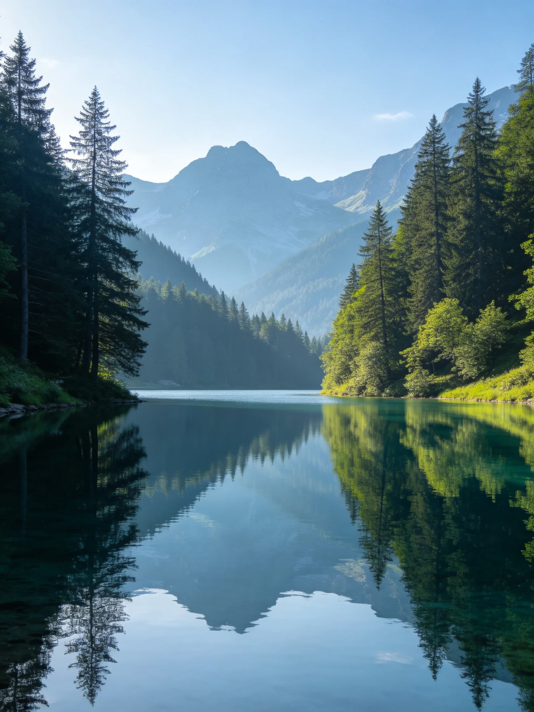 A serene mountain lake with pine forests and misty peaks