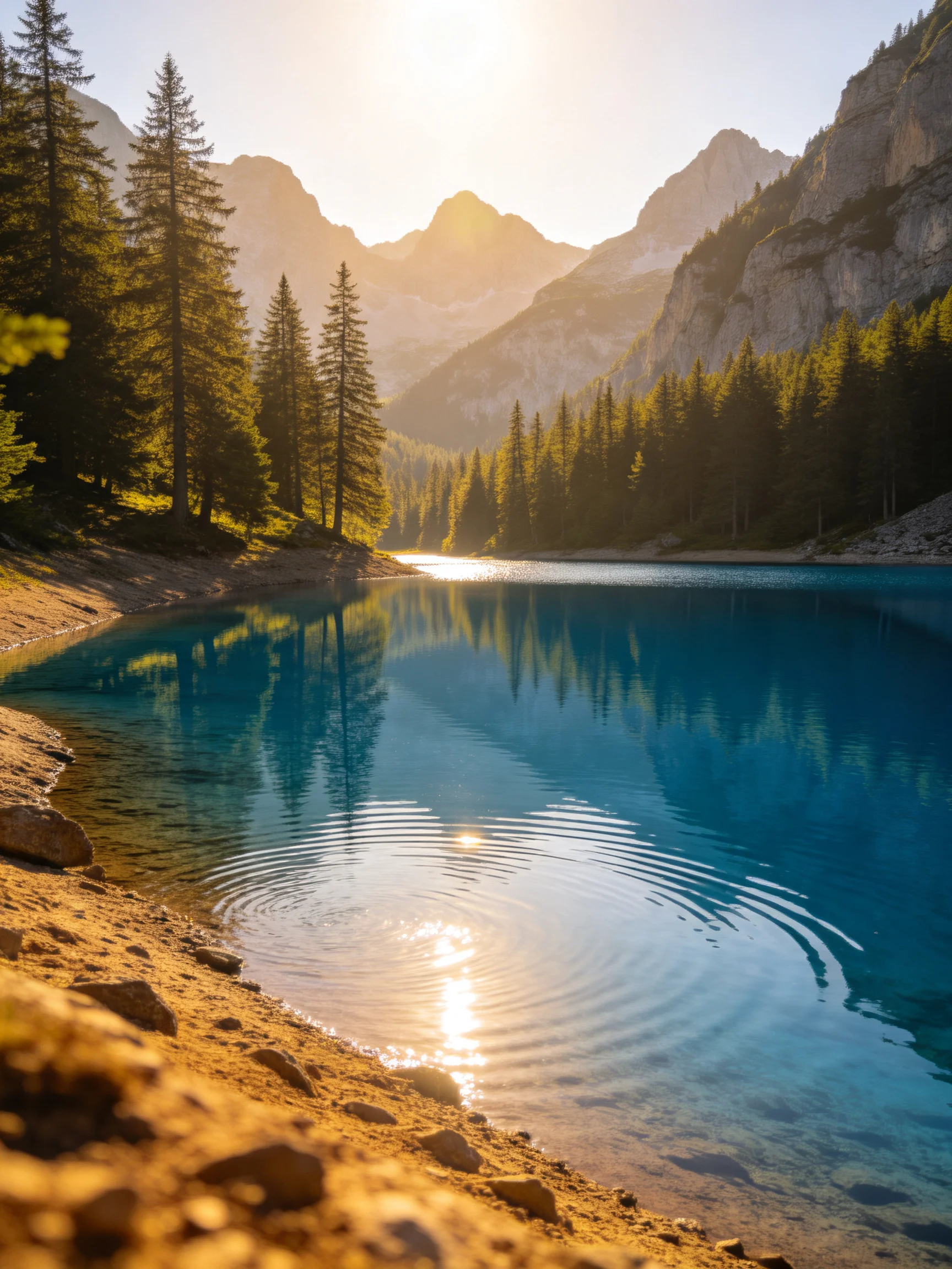 A serene mountain lake with turquoise waters and golden sunlight