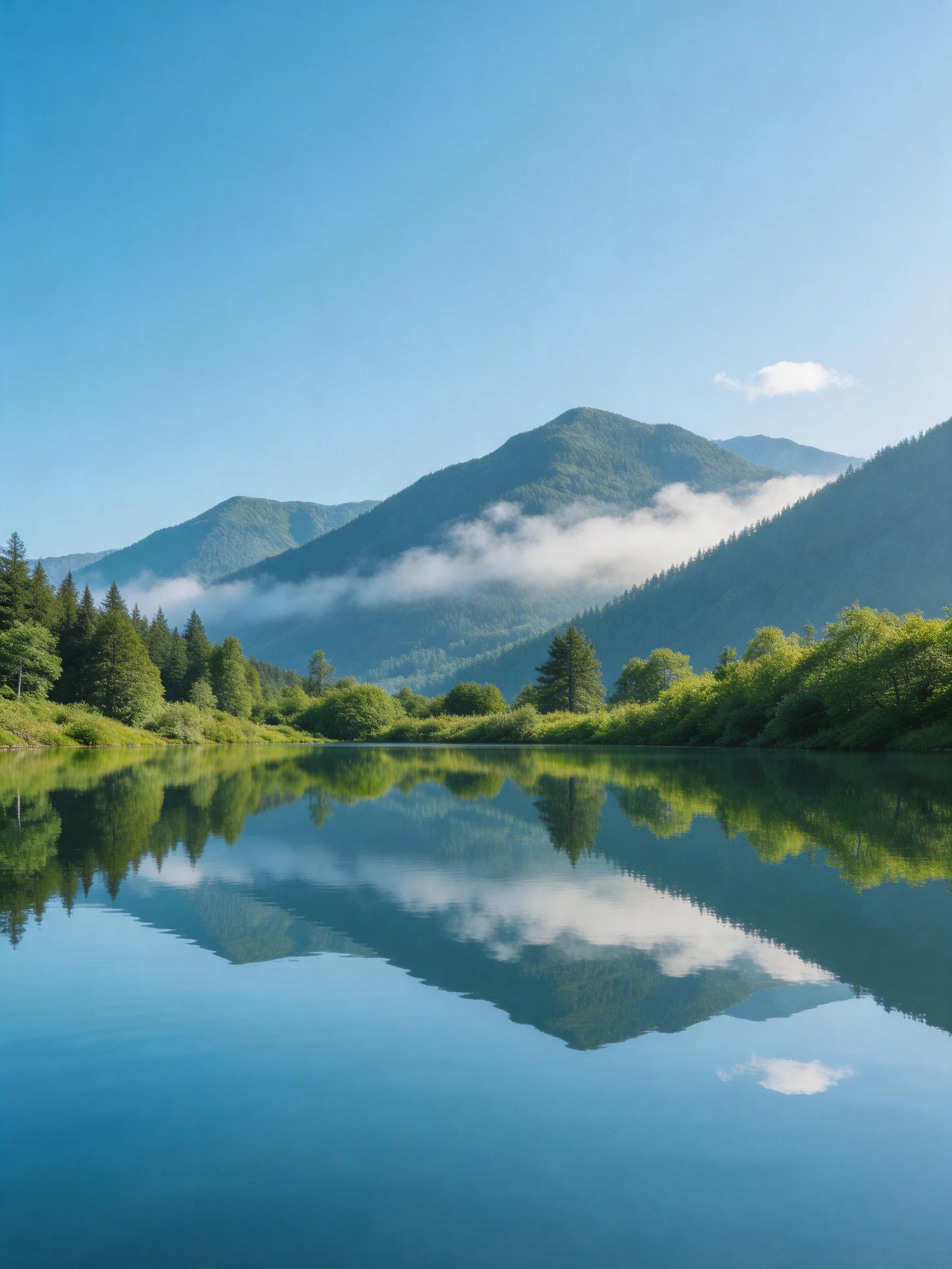 A serene mountain landscape with a reflective lake and lush greenery