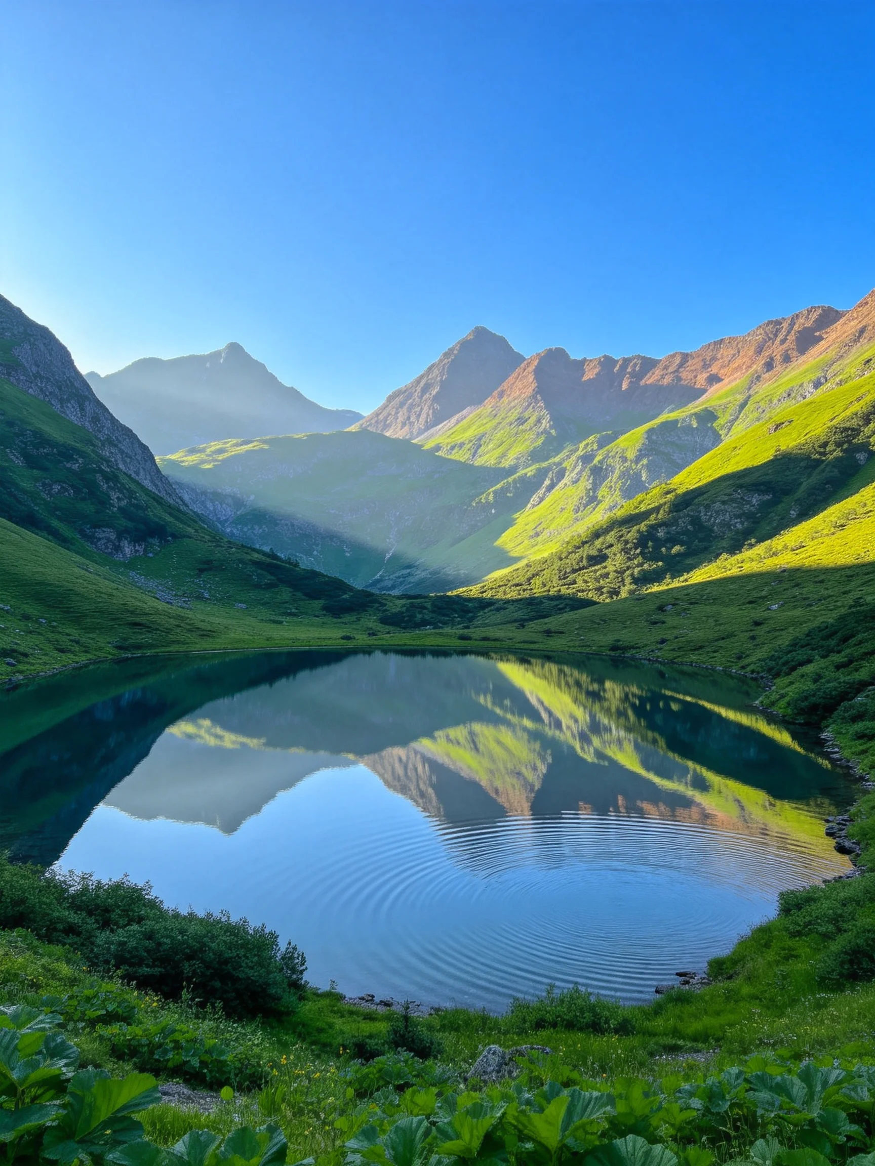 A serene mountain valley with a reflective lake and lush green slopes
