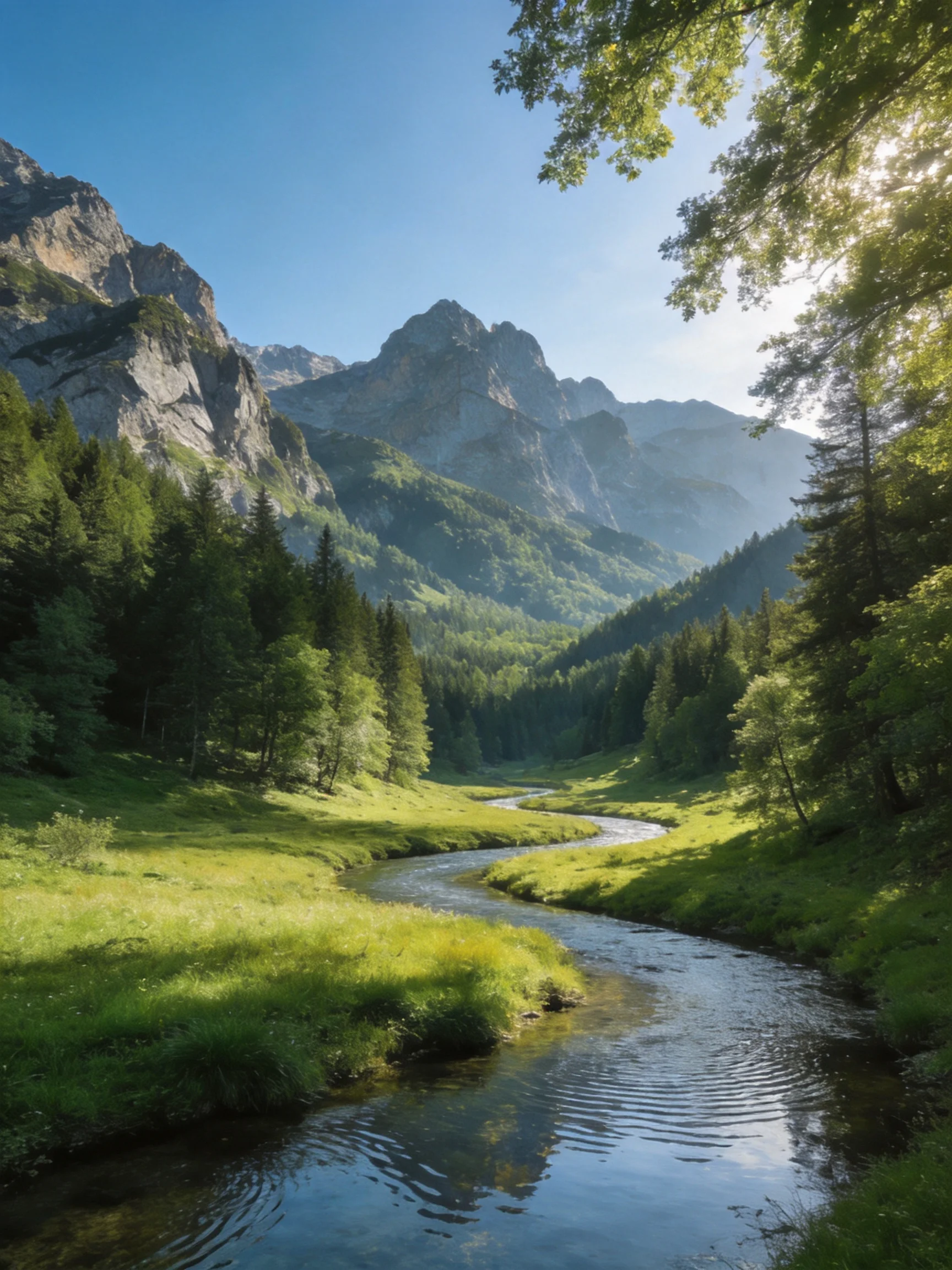A serene mountain valley with winding stream and lush forests