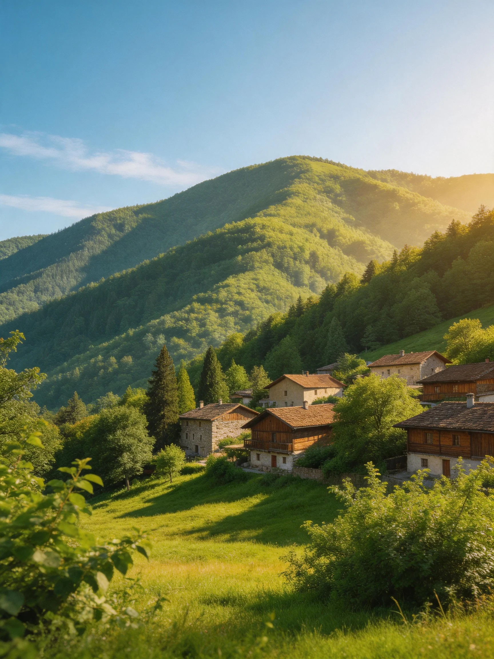 A serene mountain village with lush green hills and rustic cottages