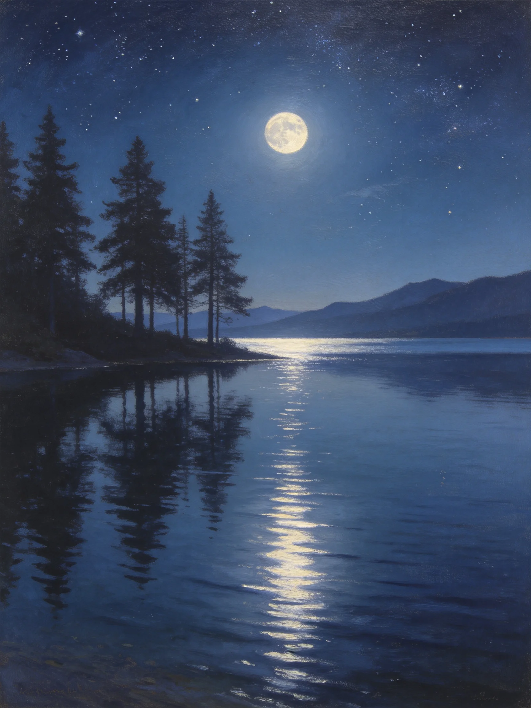 A serene night landscape with a full moon reflecting on calm waters
