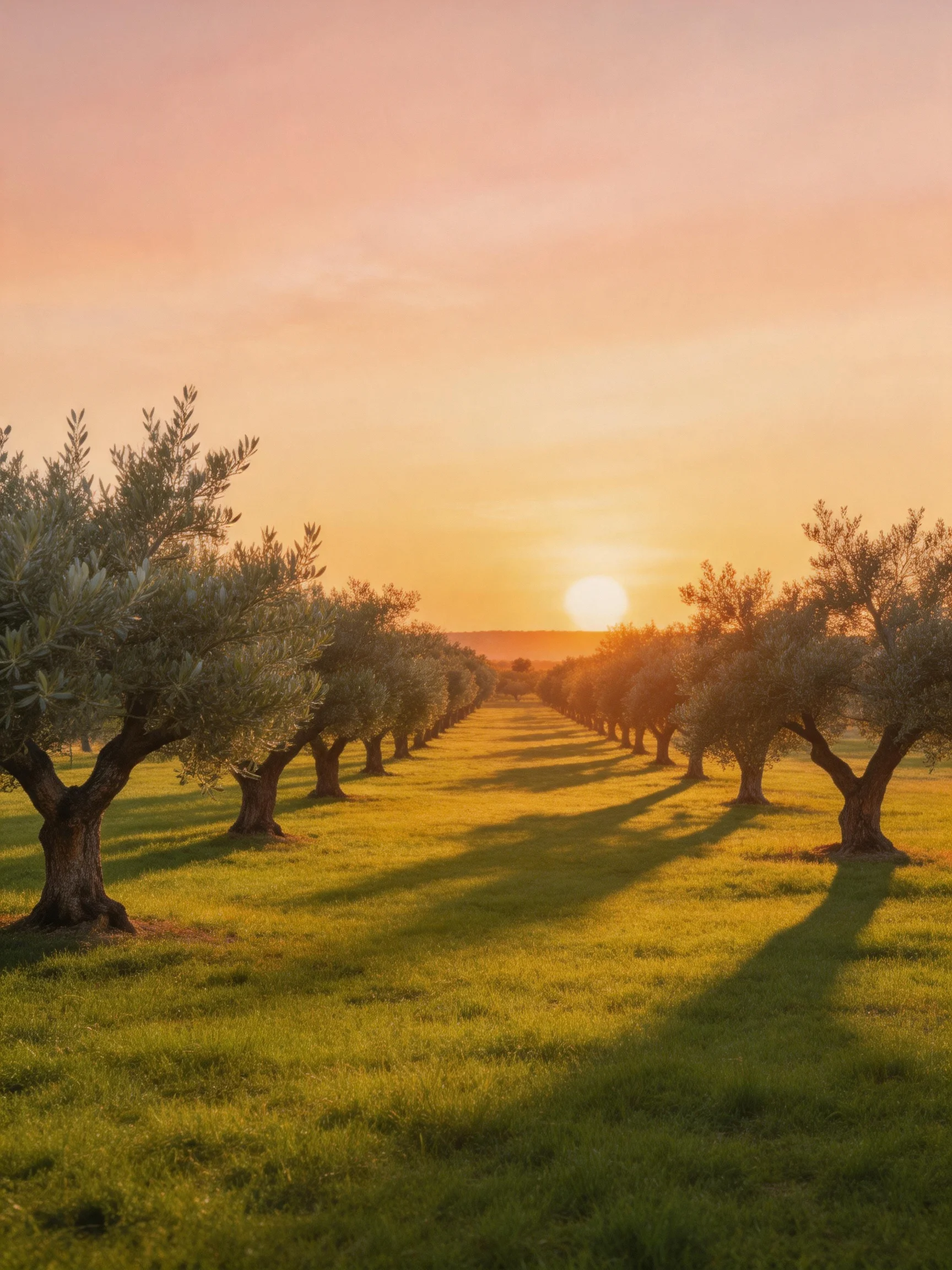 A serene olive grove illuminated by a golden sunset