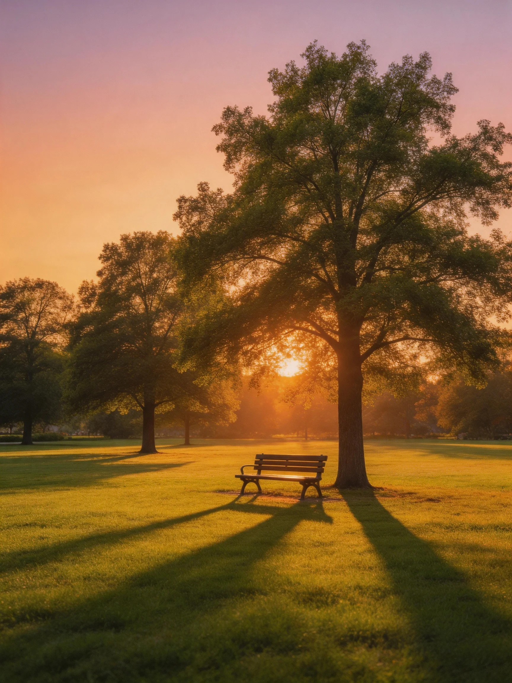 A serene park with tall trees, a bench, and golden sunset lighting.