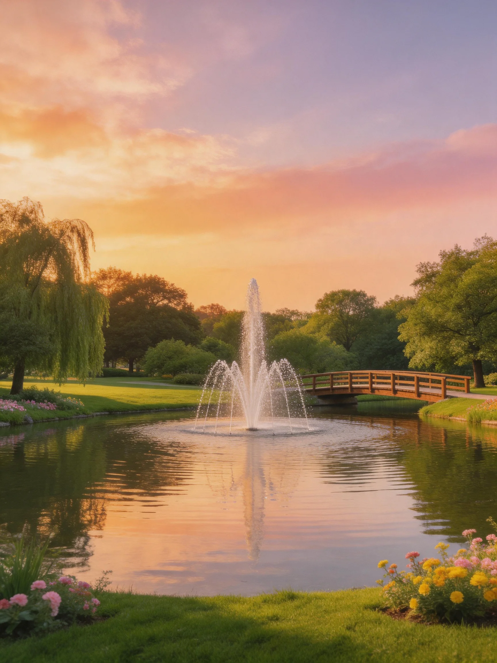 A serene pond with a central fountain, wooden bridge, and vibrant sunset sky