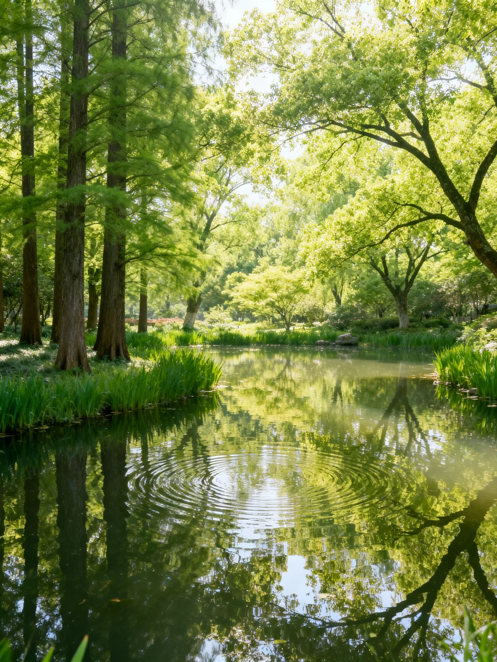 A serene pond with tall green trees and lush vegetation