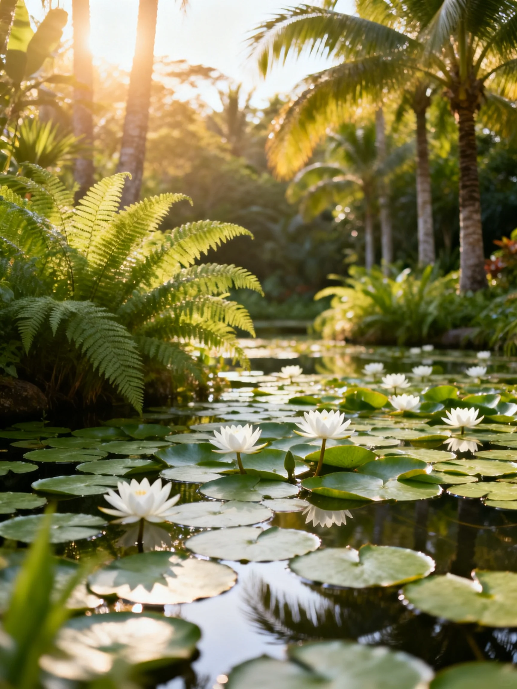 A serene pond with white water lilies and lush greenery under golden sunlight