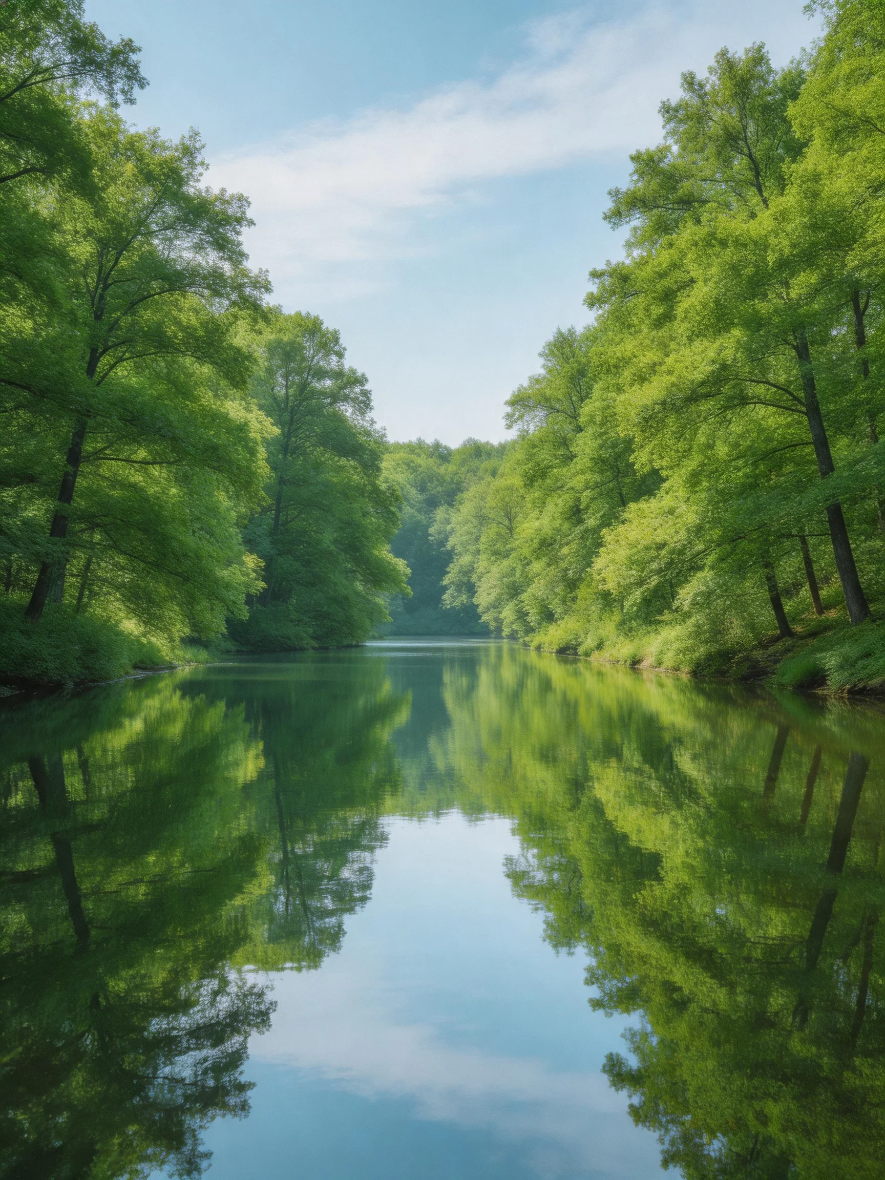 A serene river flanked by dense green forests with mirror-like reflections