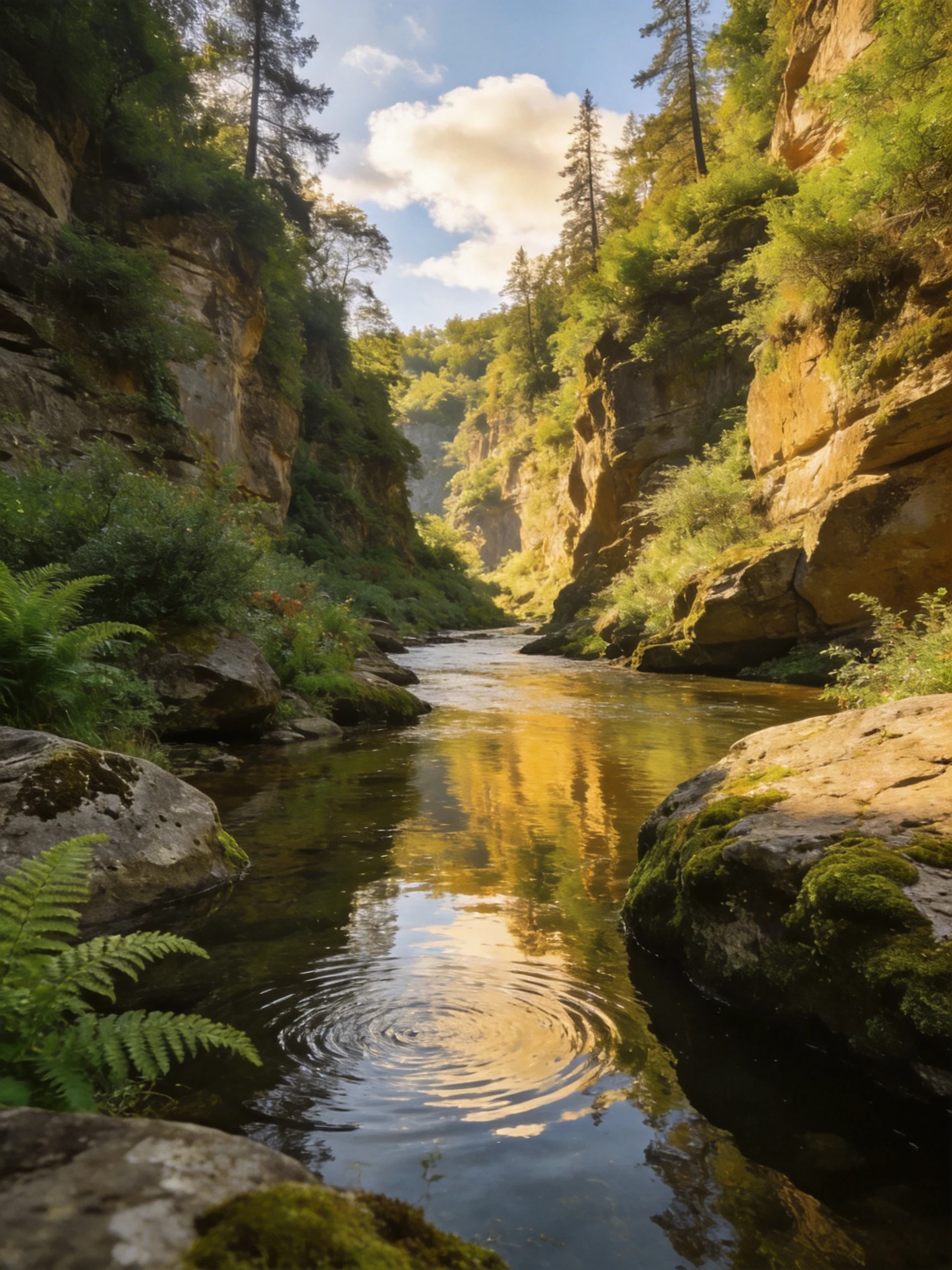 A serene river flows through a lush, rocky canyon with golden sunlight
