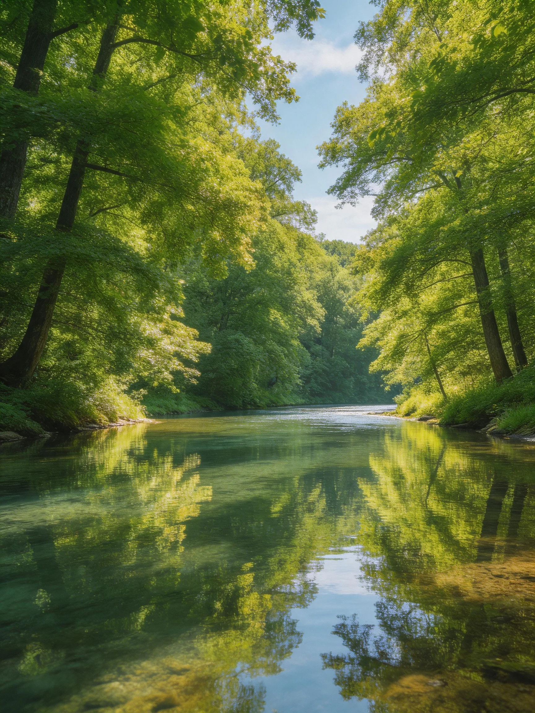 A serene river flows through dense emerald forests with clear reflective waters
