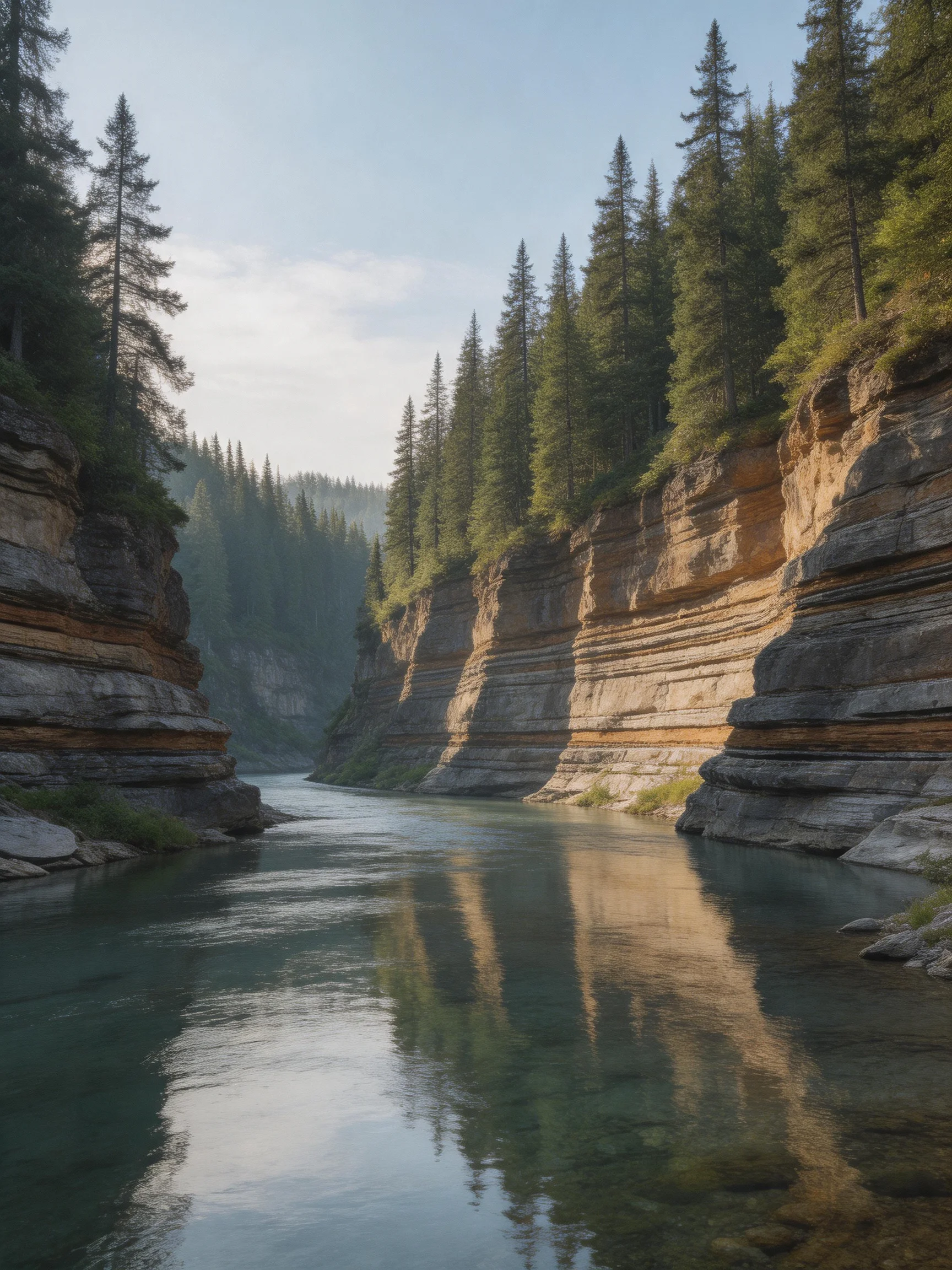 A serene river flows through layered rocky cliffs with dense evergreen forests