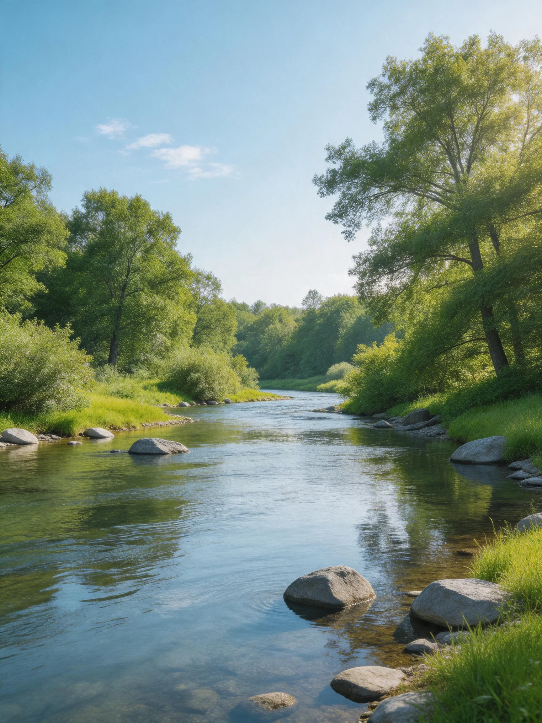 A serene river flows through lush greenery with scattered rocks