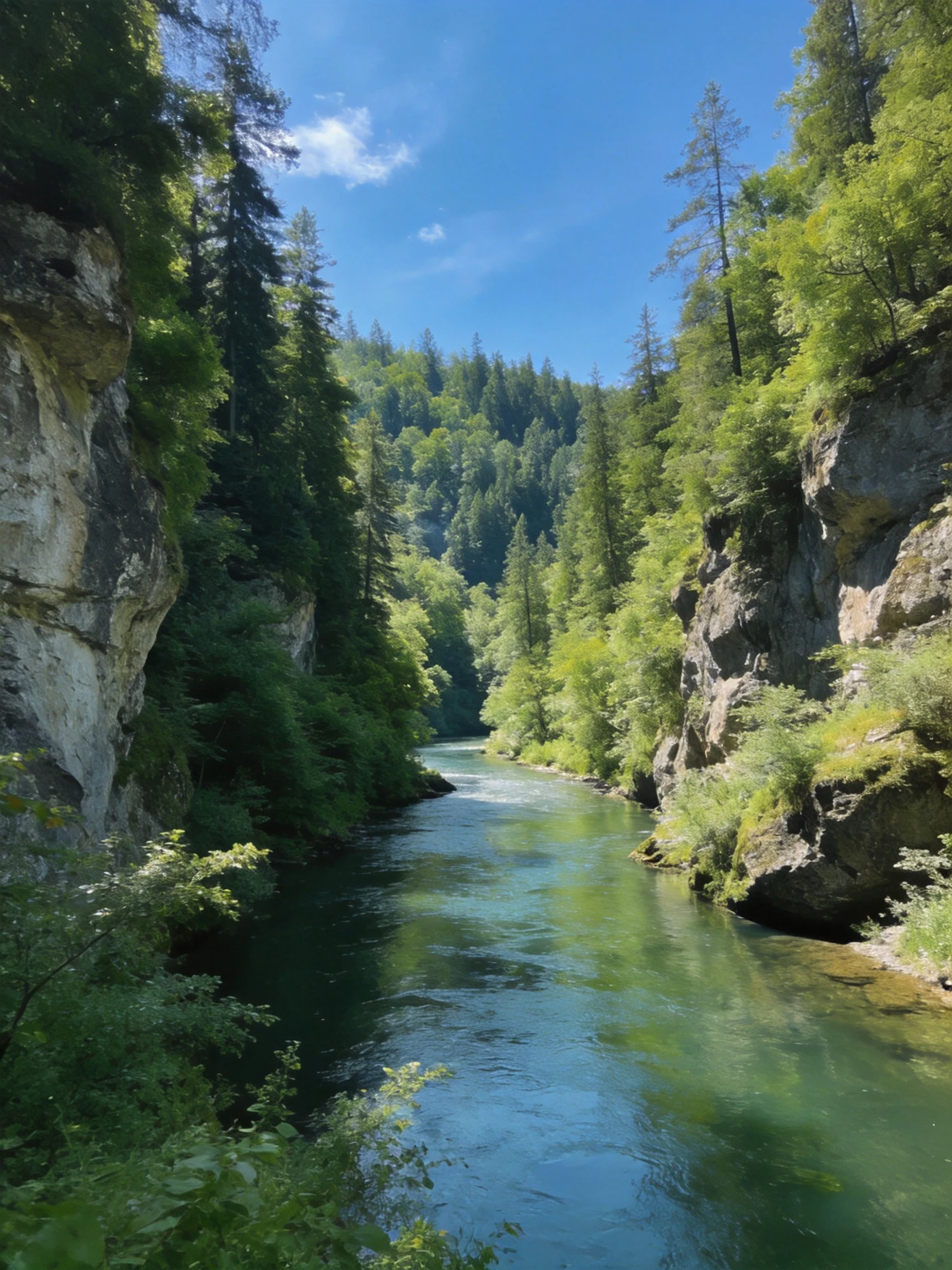A serene river flows through rocky cliffs surrounded by dense greenery