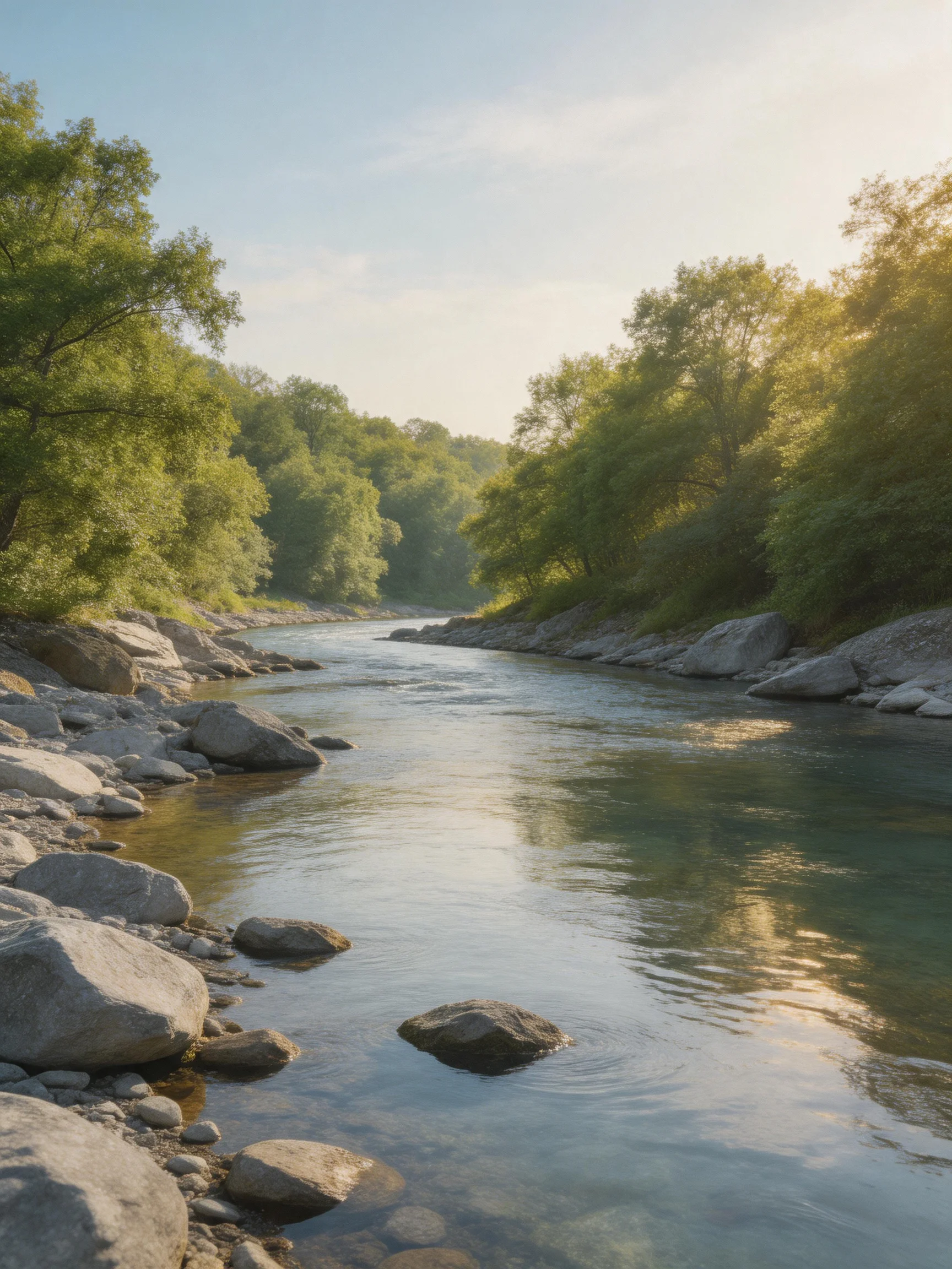 A serene river flows through rocky terrain with lush green trees