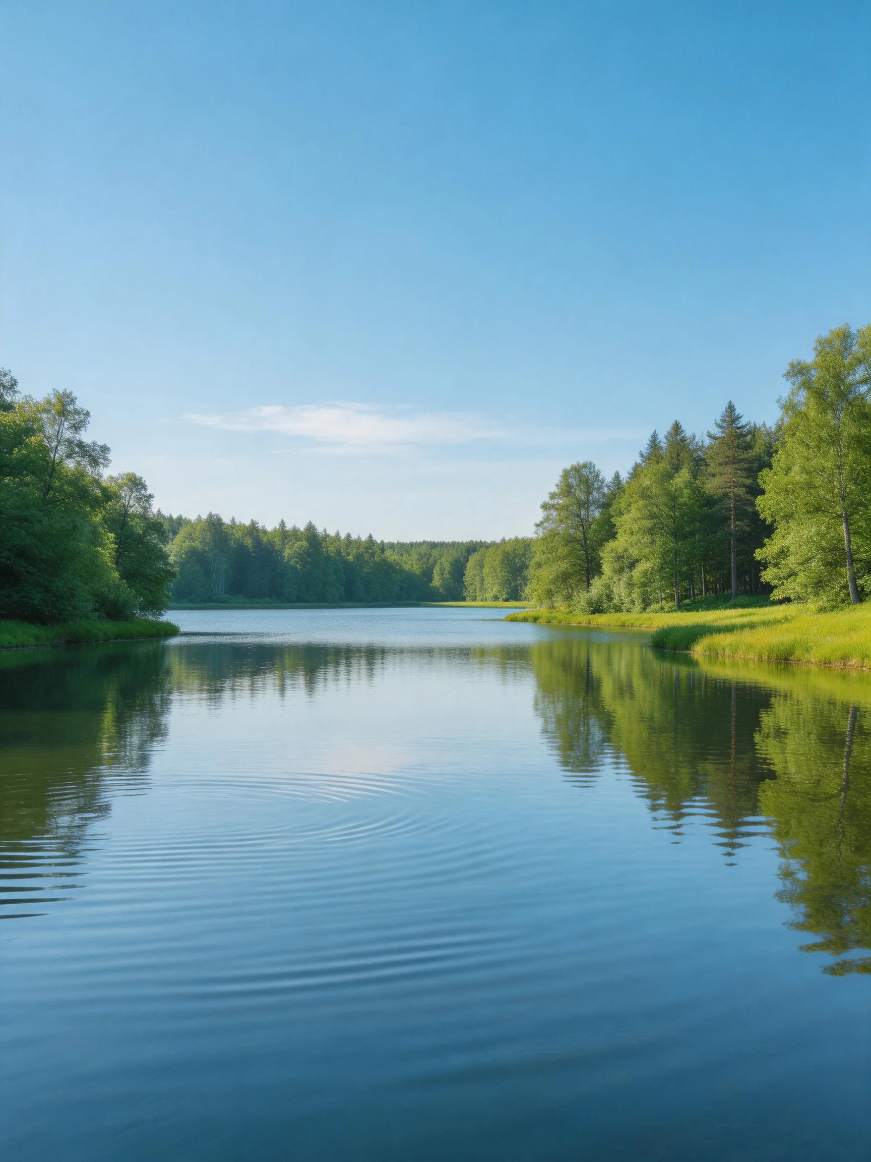 A serene river reflecting lush green forests and clear blue sky