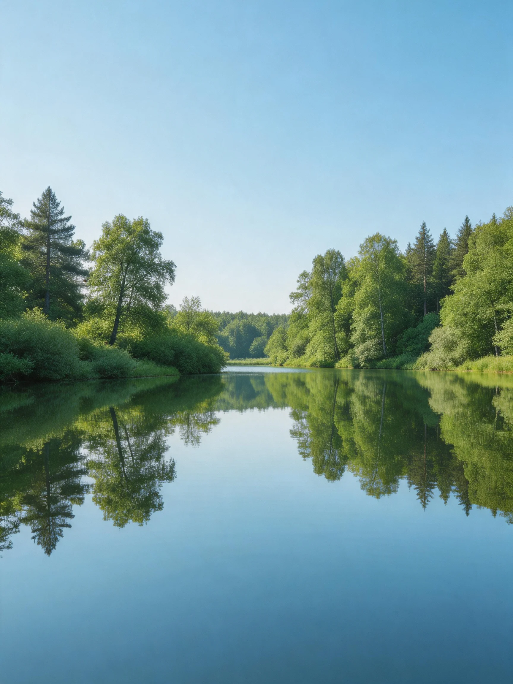 A serene river reflects lush green trees and clear blue sky