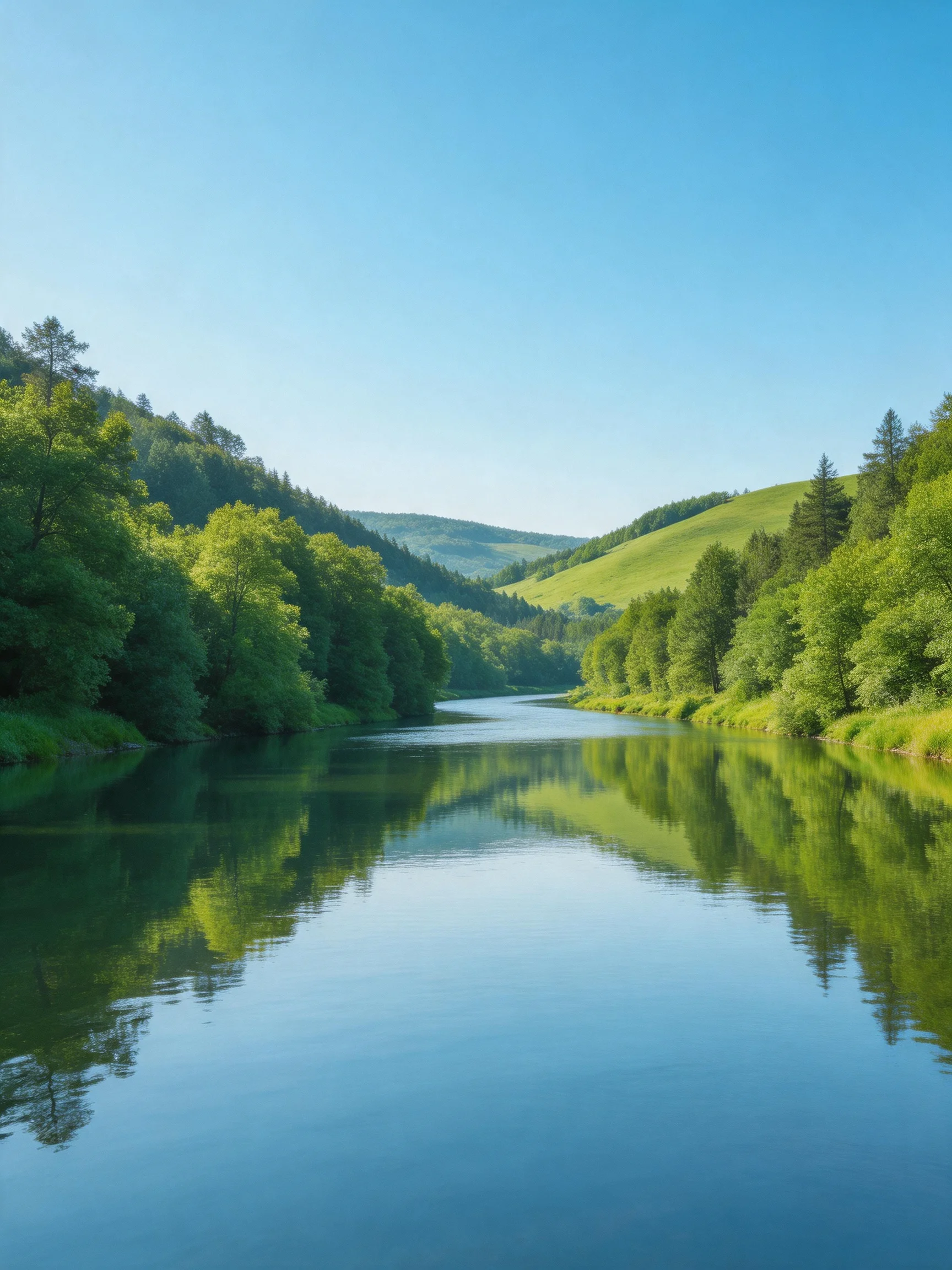 A serene river reflects lush greenery and rolling hills