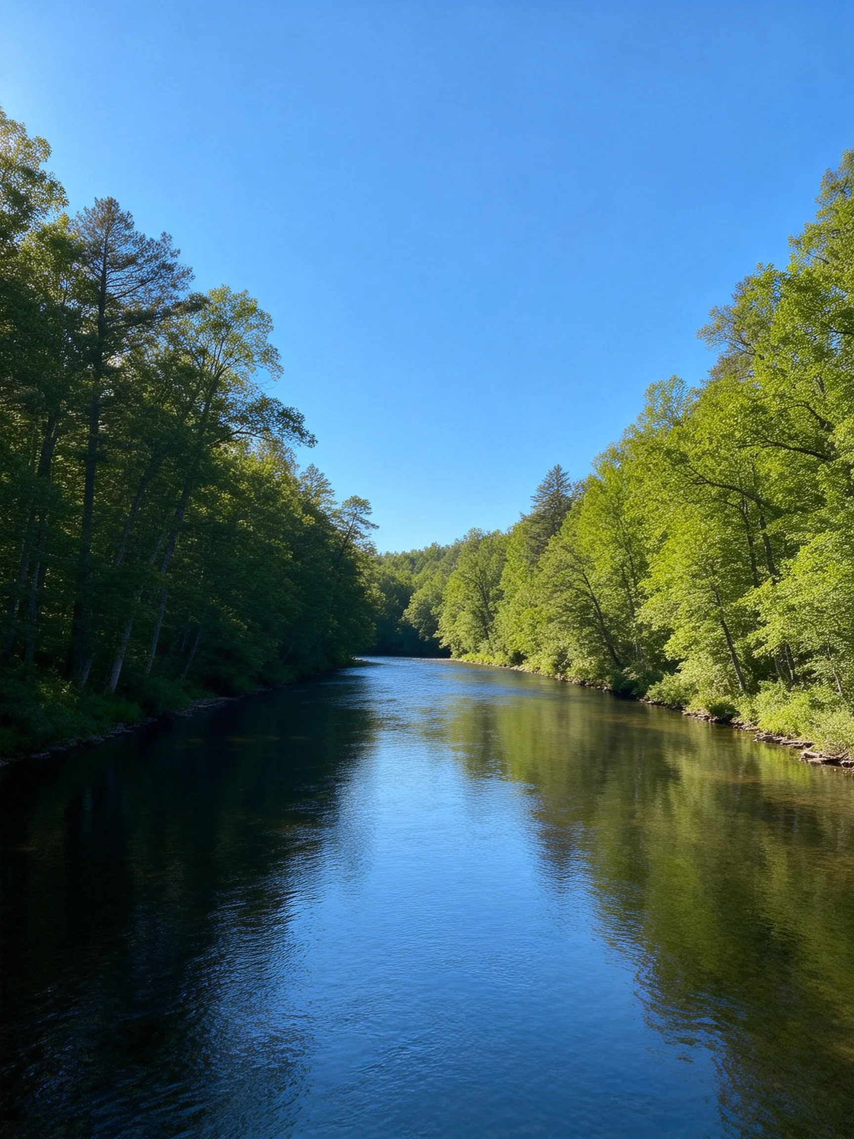 A serene river winds between dense green forests under a clear blue sky