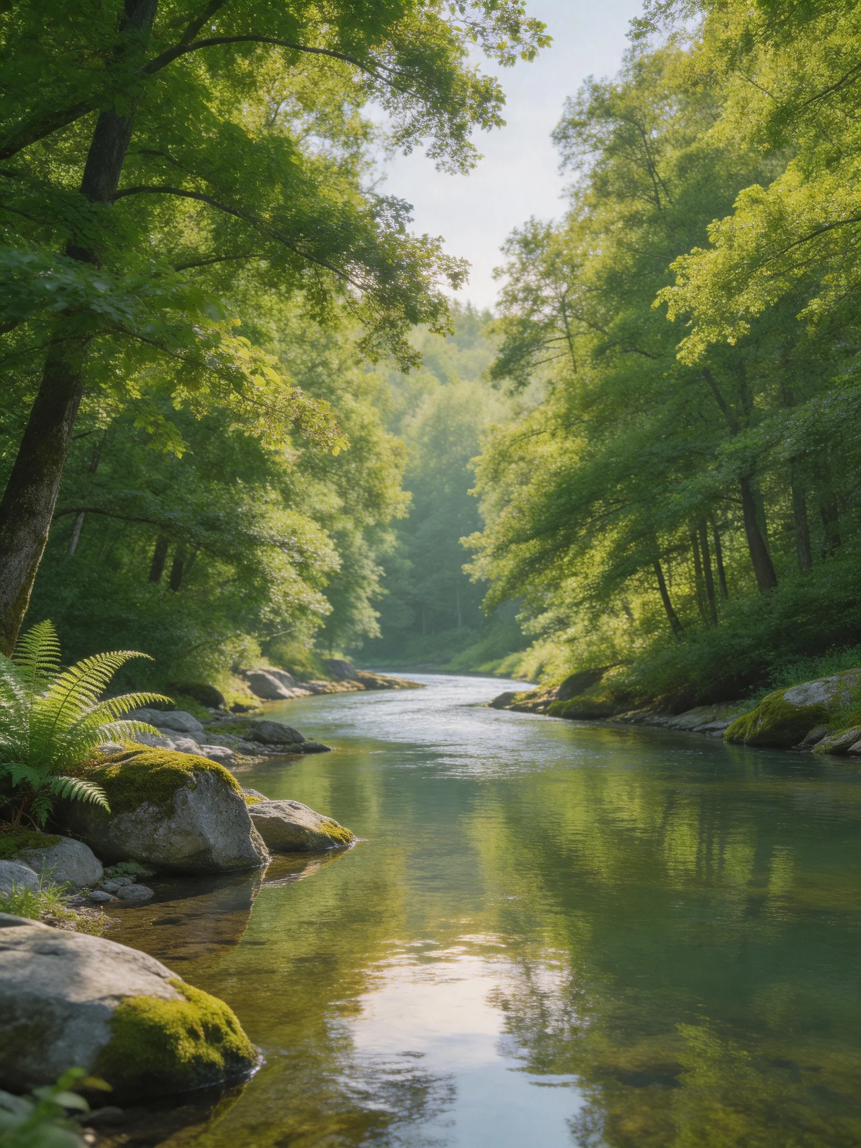 A serene river winds through dense emerald forests with mossy rocks