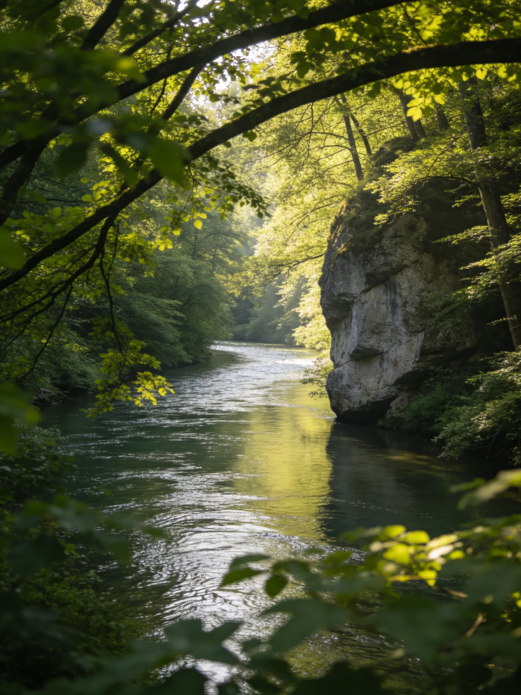 A serene river winds through dense green forests beside rocky cliffs